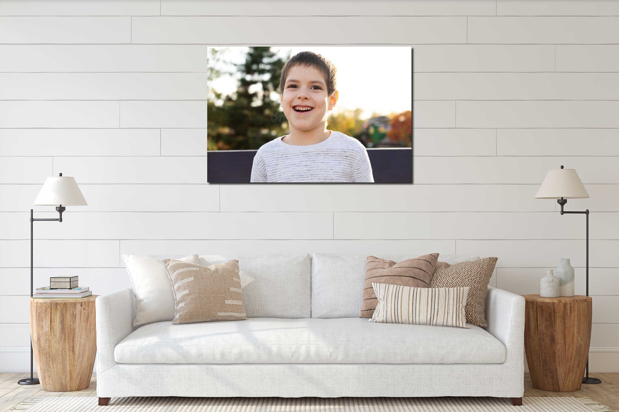 Portrait of a smiling six-year-old boy in an autumn park. Happy childhood interior mockup