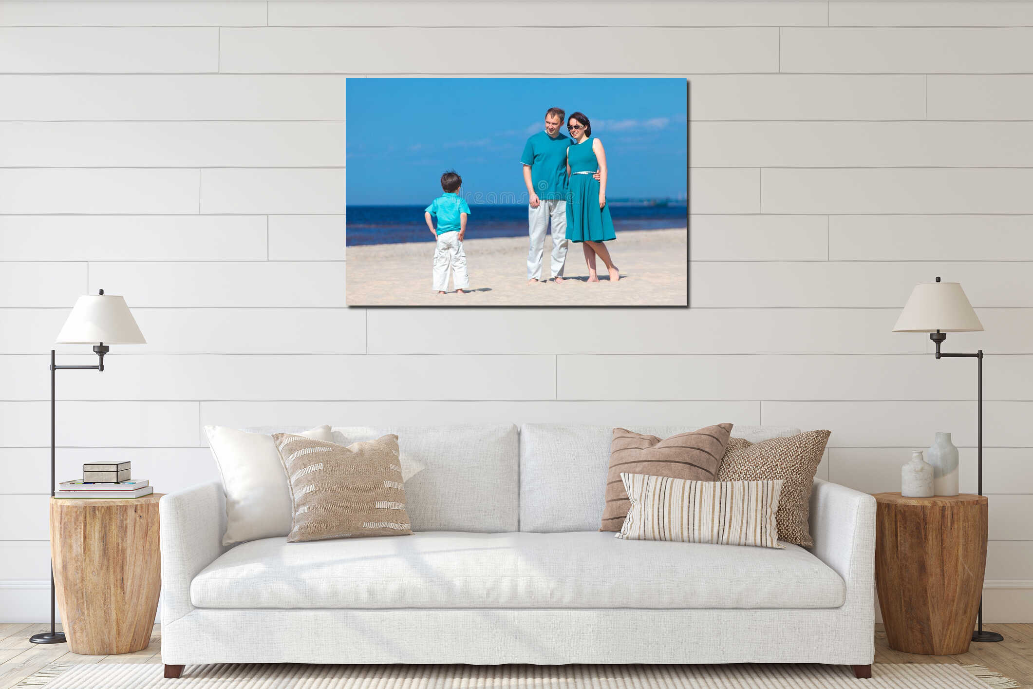 Young family of three having fun tropical beach interior mockup