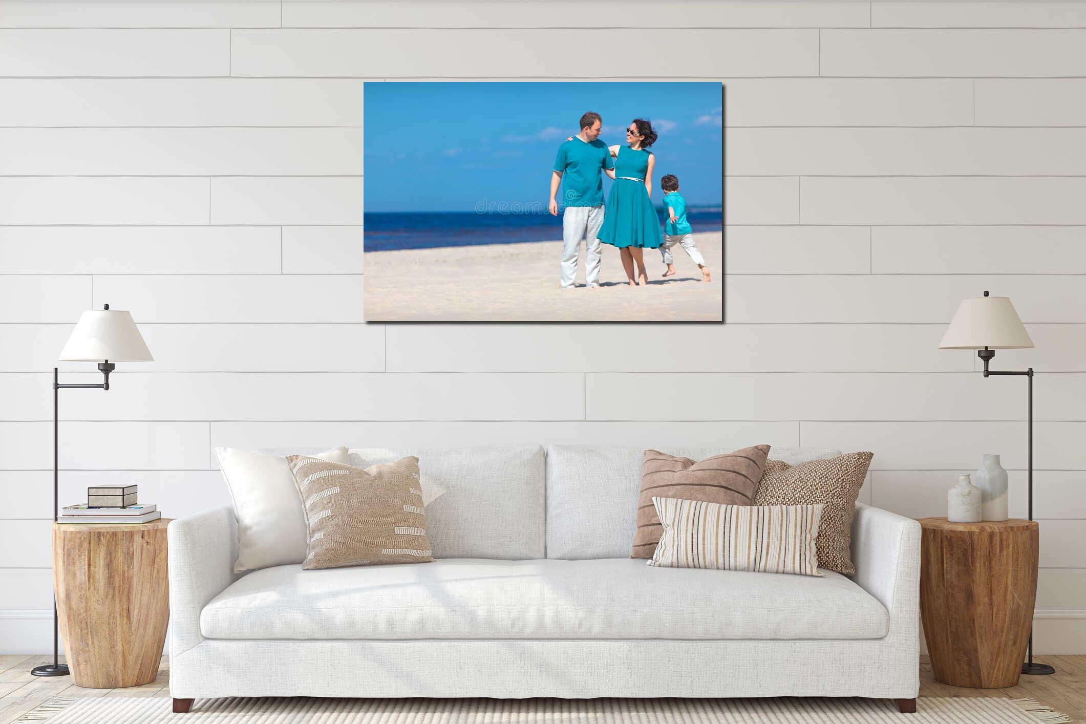 Young family of three having fun tropical beach interior mockup