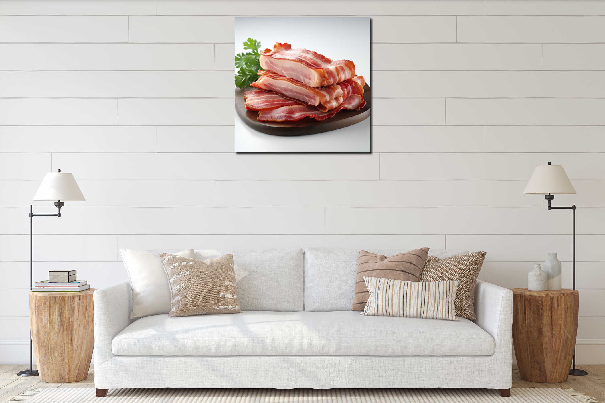 Hyper-realistic Bacon Stack On Wooden Board - Low Resolution Art interior mockup