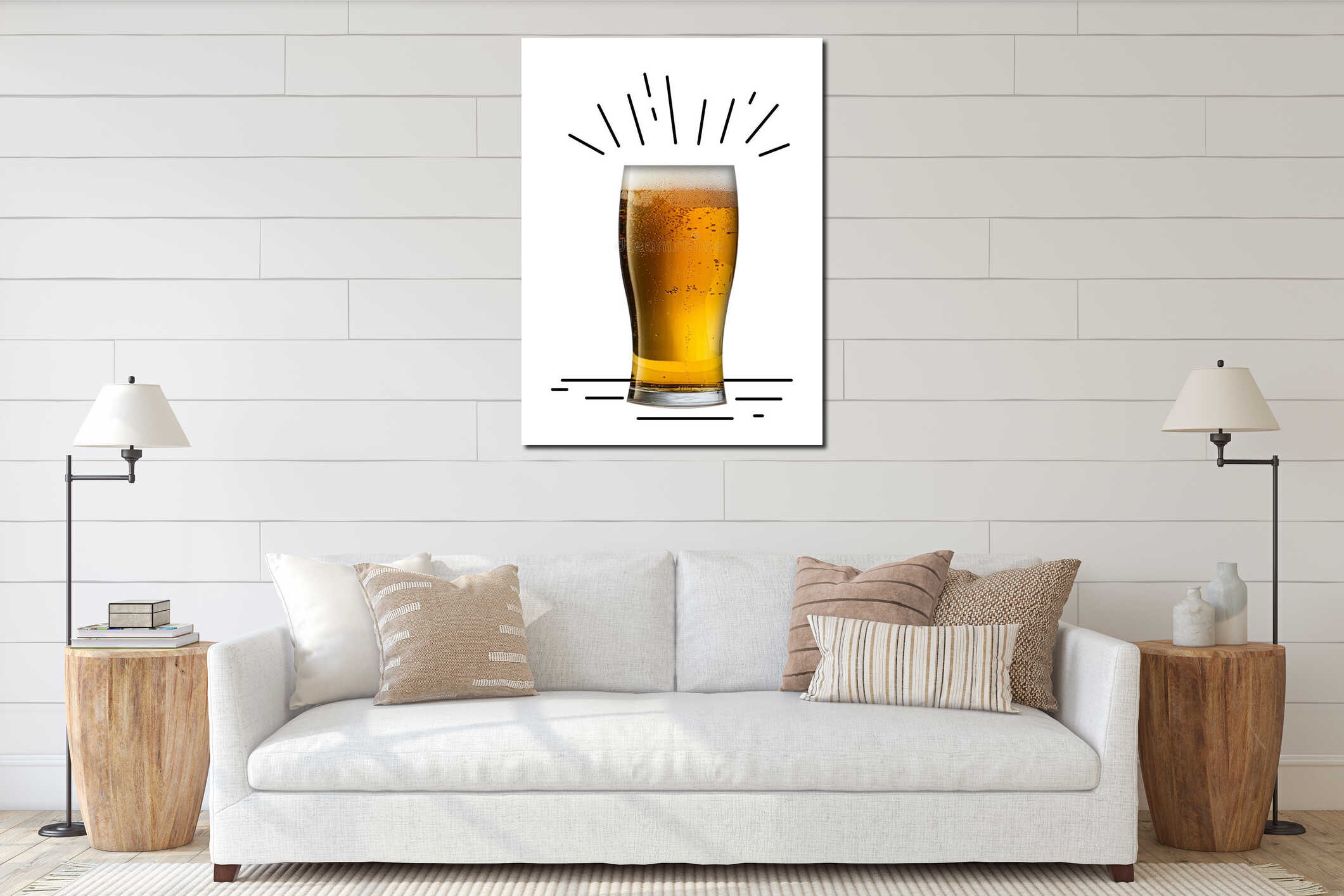 Glass with foamy, lager, cool beer with bubbles isolated over white background. Creative design with doodles. Organic interior mockup
