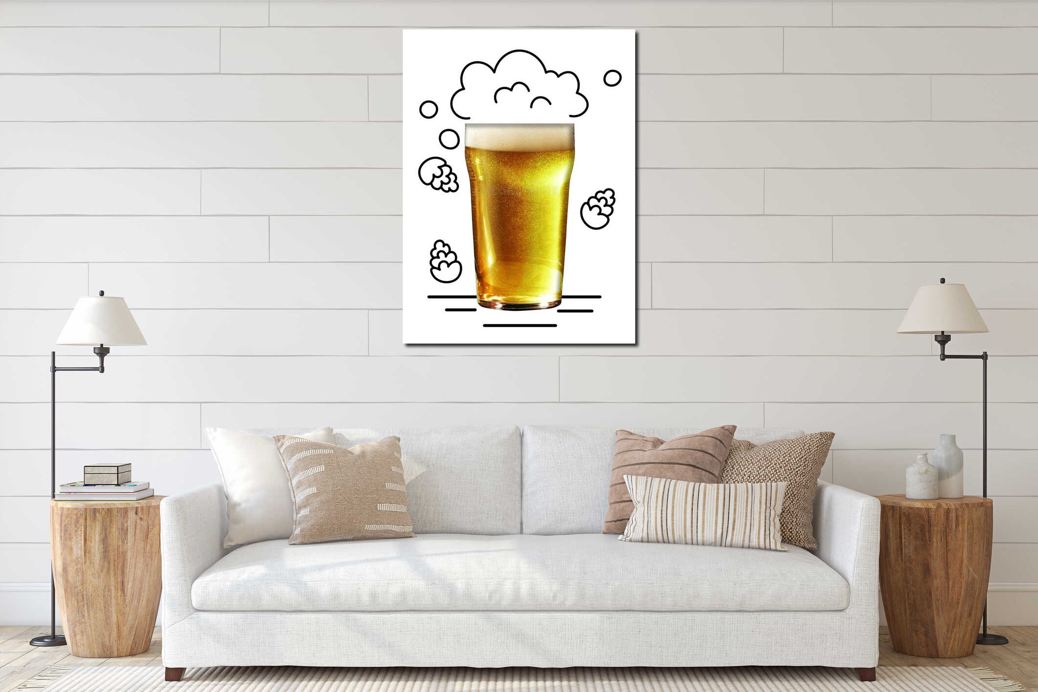 Organic drink with hops. Glass with foamy, lager, cool beer with bubbles isolated over white background. Creative design interior mockup