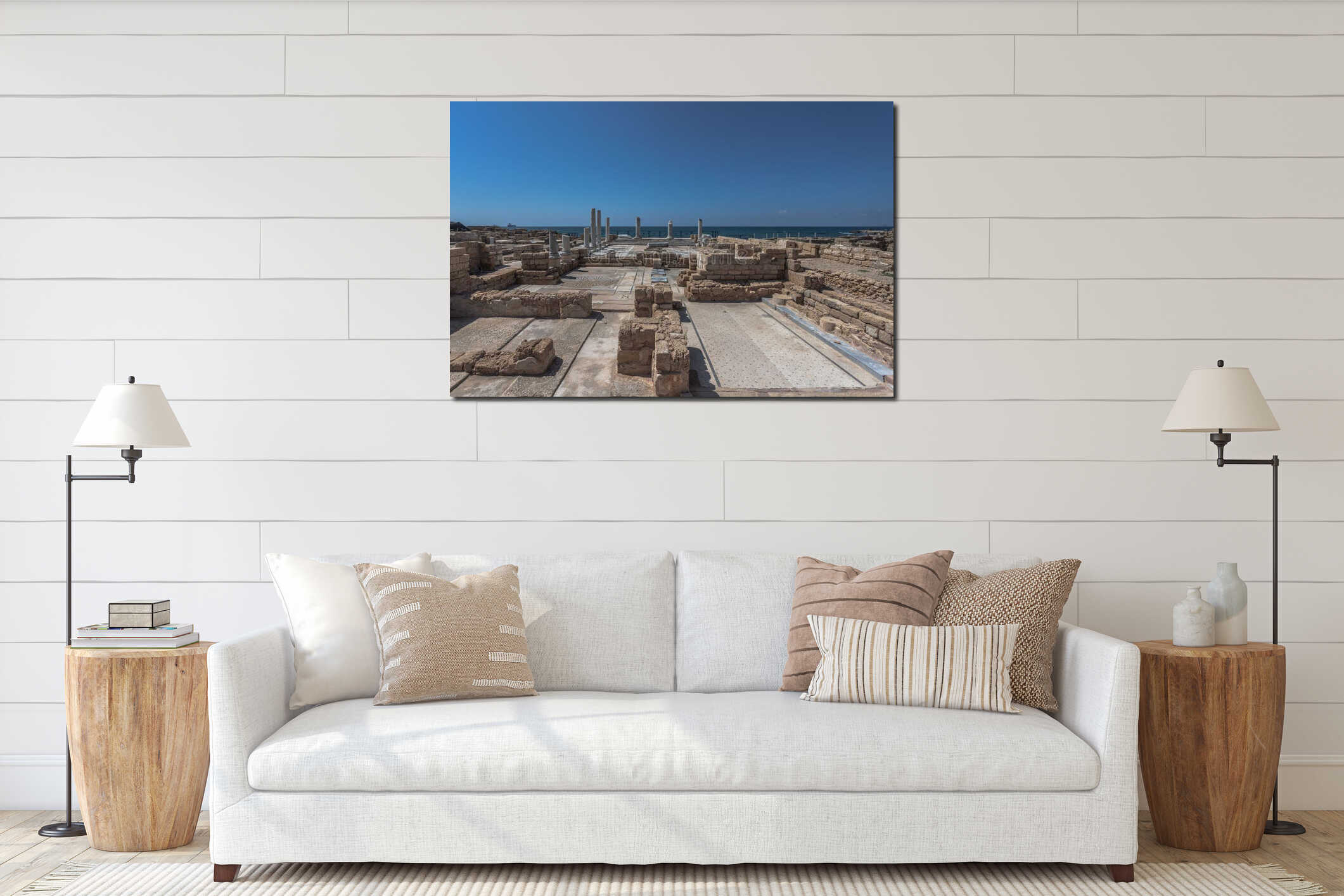 Captivating view of the ruins of ancient buildings in the Caesarea National Park in Caesarea, Israel interior mockup