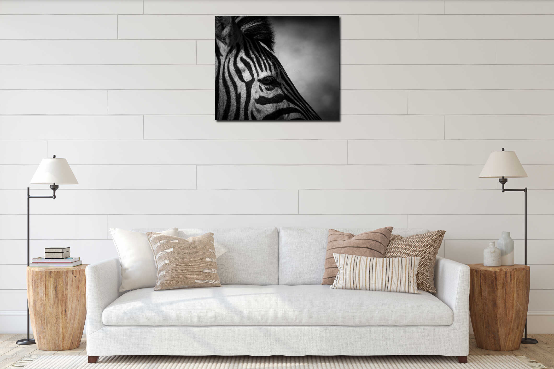 Closeup of a zebra in grayscale interior mockup