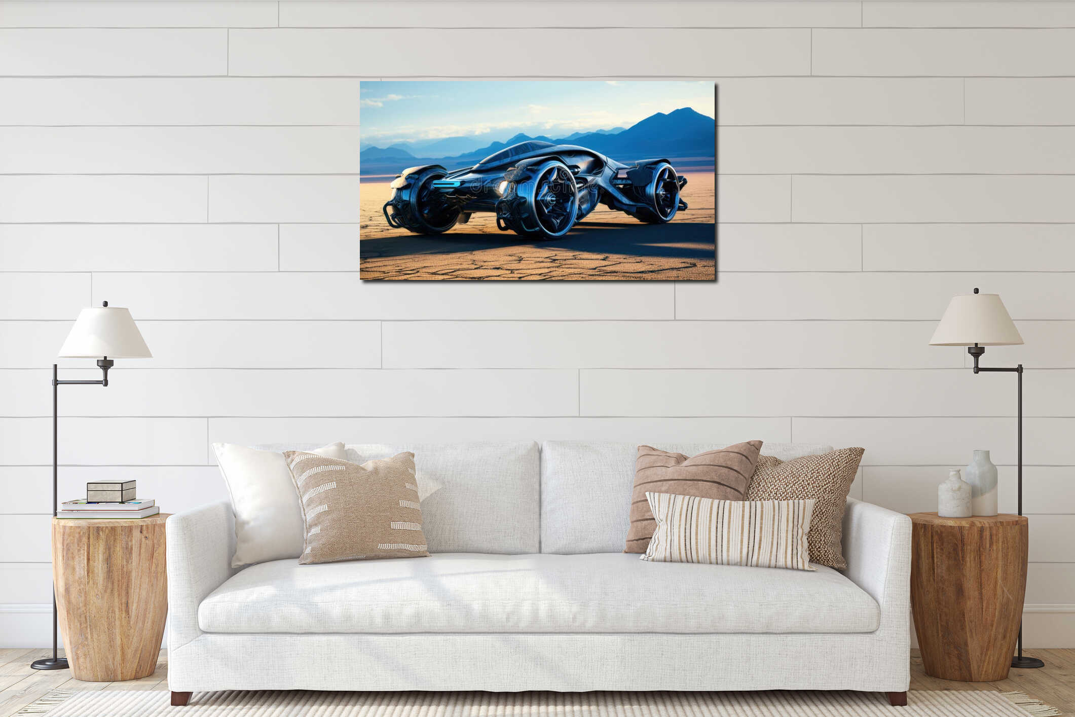 Dark blue futuristic sports racing car races across land of alien planet. Futuristic concept of technologies of other interior mockup