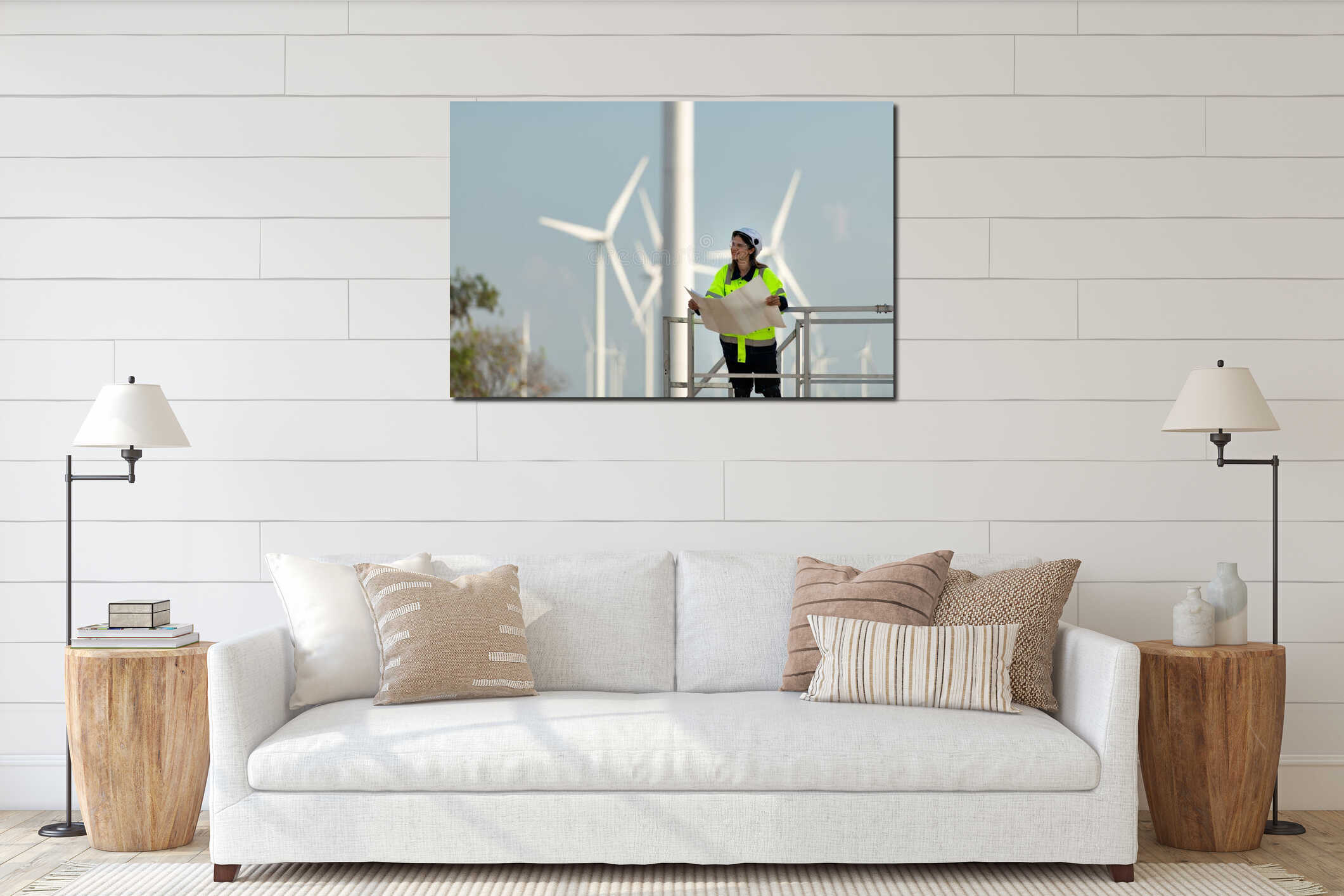 Portrait of female engineer at Natural Energy Wind Turbine site with the mission of being responsible for taking care of large interior mockup
