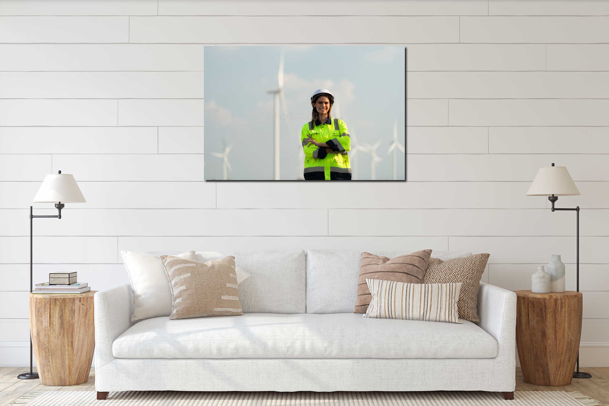 Portrait of female engineer at Natural Energy Wind Turbine site with the mission of being responsible for taking care of large interior mockup