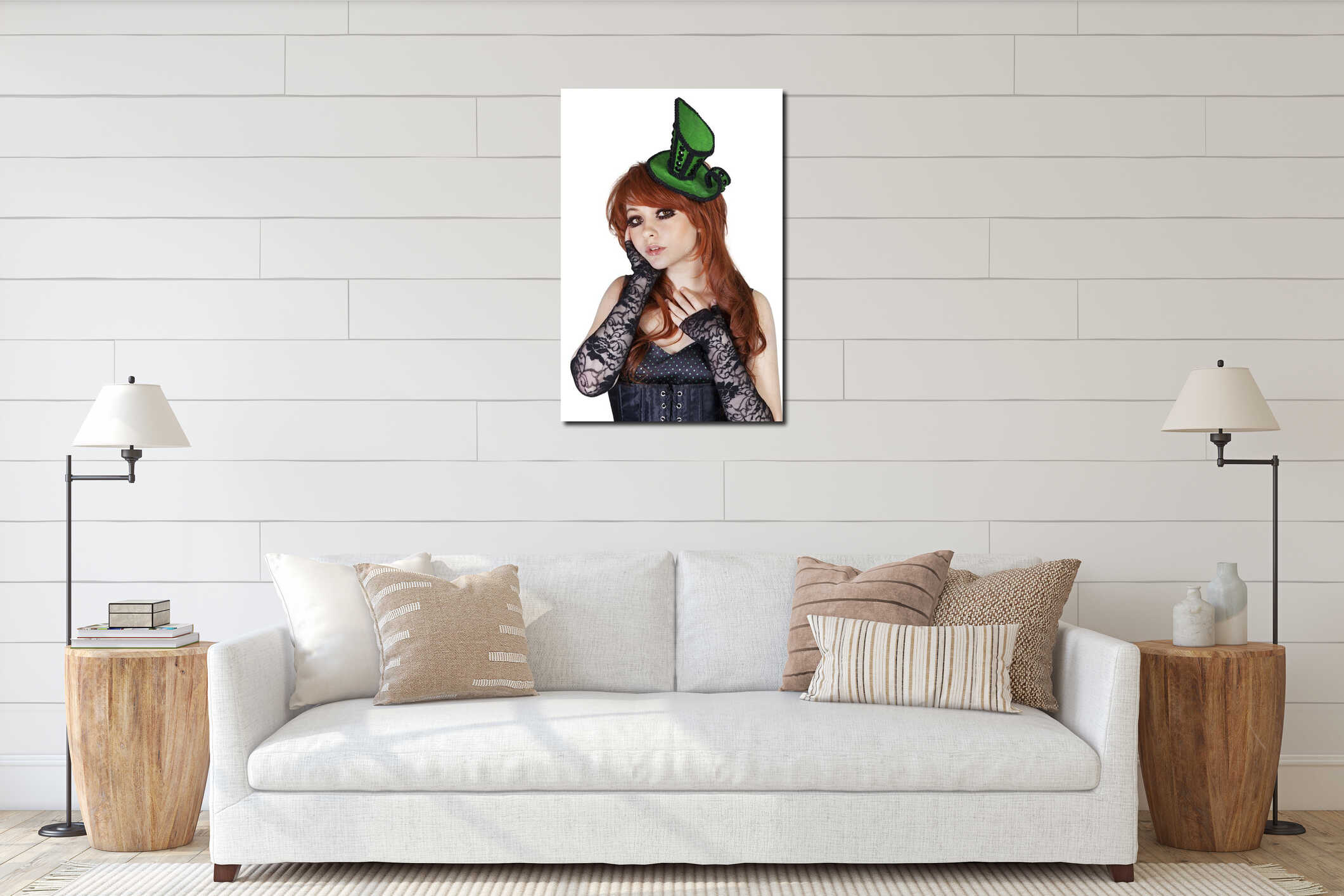 Portrait of gothic girl wearing headgear over white background interior mockup