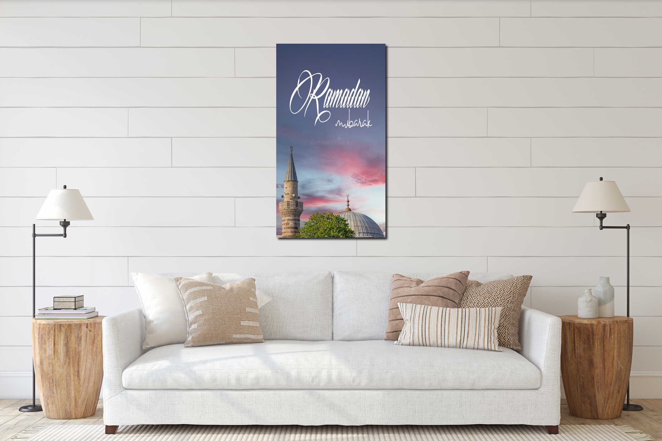 Ramazan Mubarak or Ramadan Kareem. Lalapasa Mosque at sunset. Ramadan mubarak text in the image. interior mockup