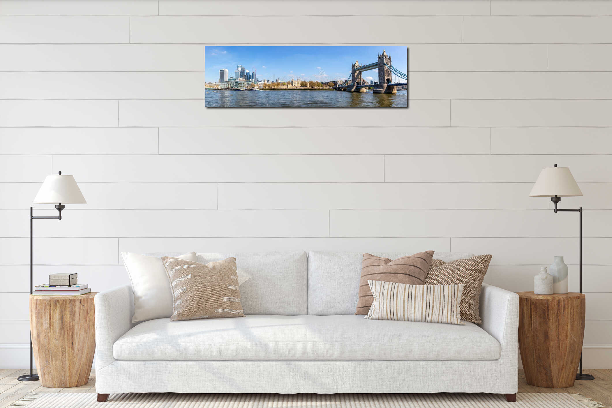 London city skyline with Tower Bridge skyscrapers in the financial district at Thames River panorama interior mockup