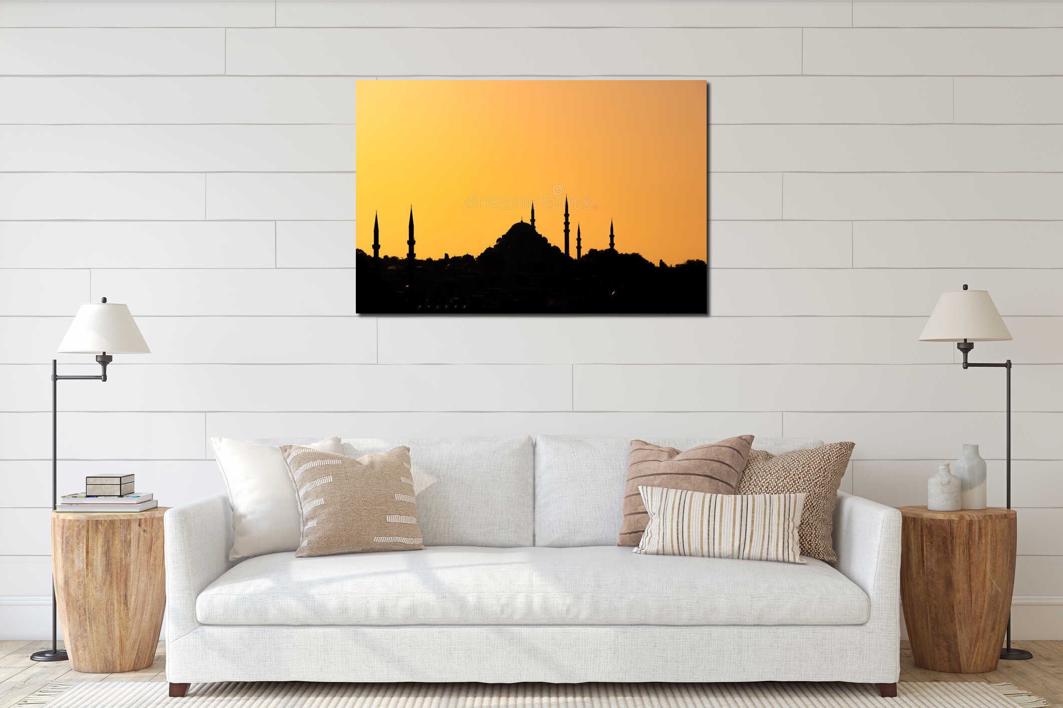 Silhouette of Istanbul background photo. Suleymaniye Mosque at sunset interior mockup
