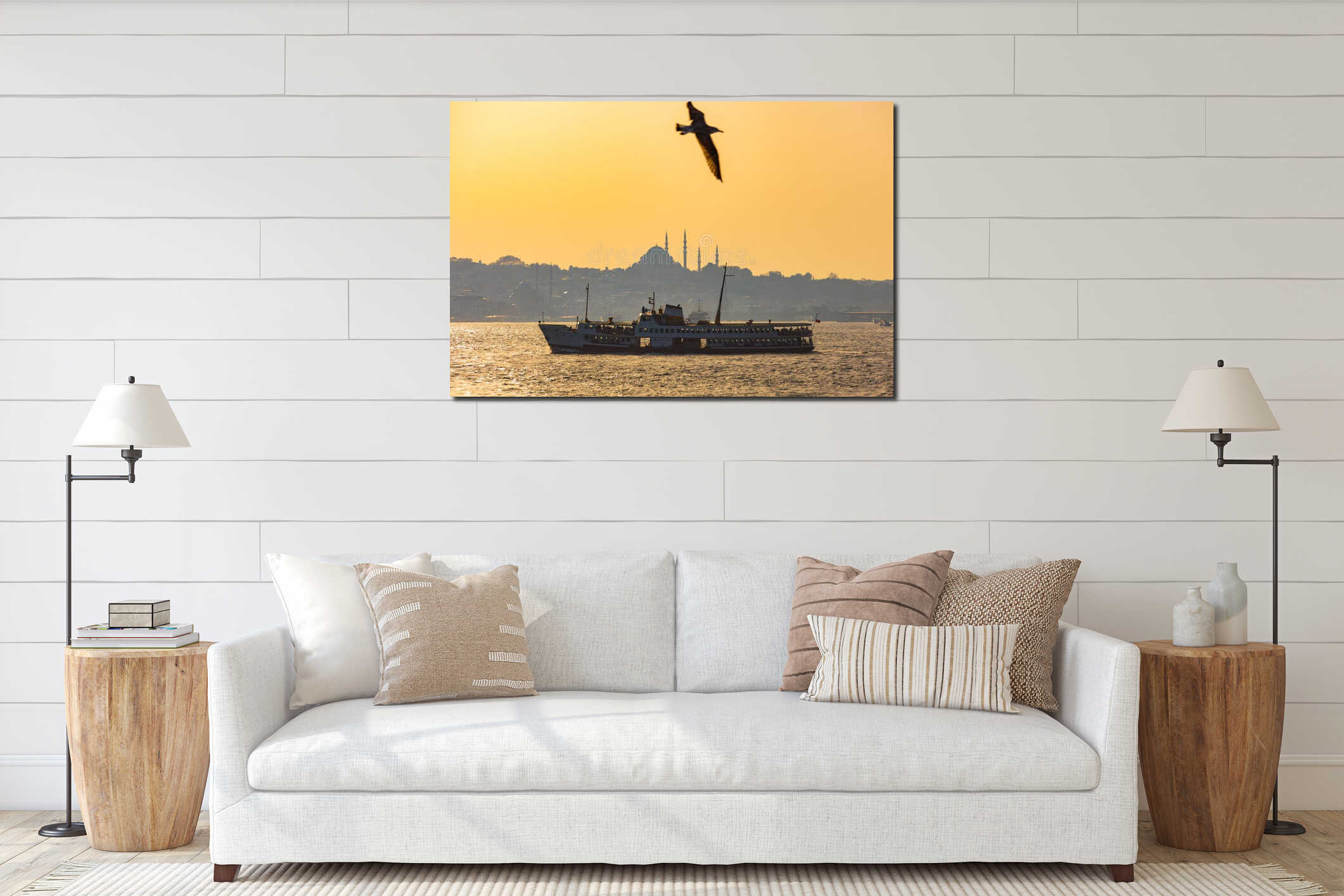 Istanbul background photo. Ferry and seagull with Suleymaniye Mosque interior mockup