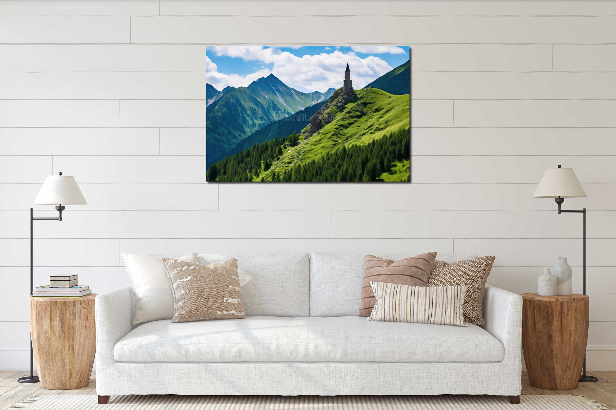 alpine bell tower atop a verdant hill interior mockup
