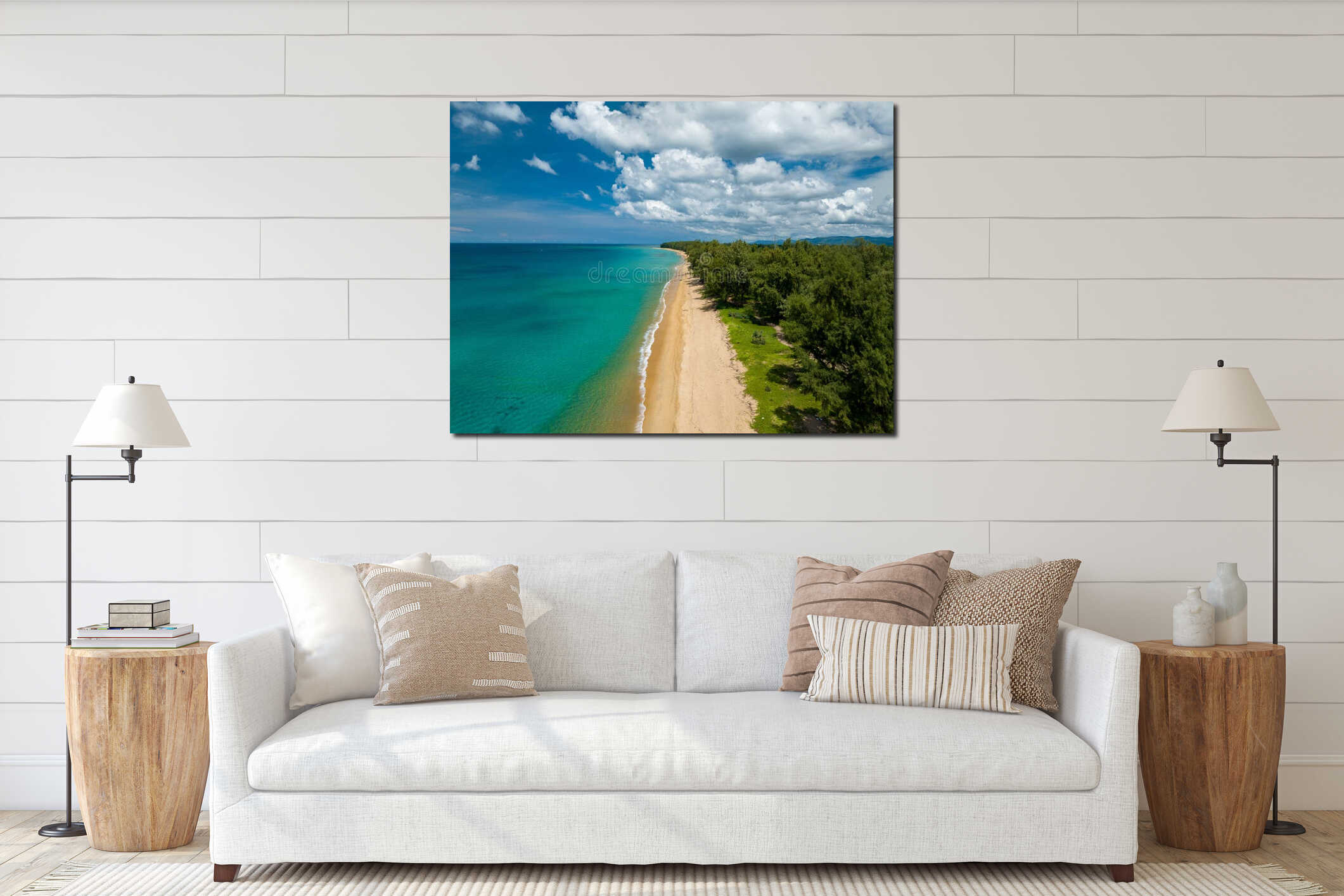 Aerial view of road in beautiful green forest with wave crushing beach and sea, topview from drone interior mockup