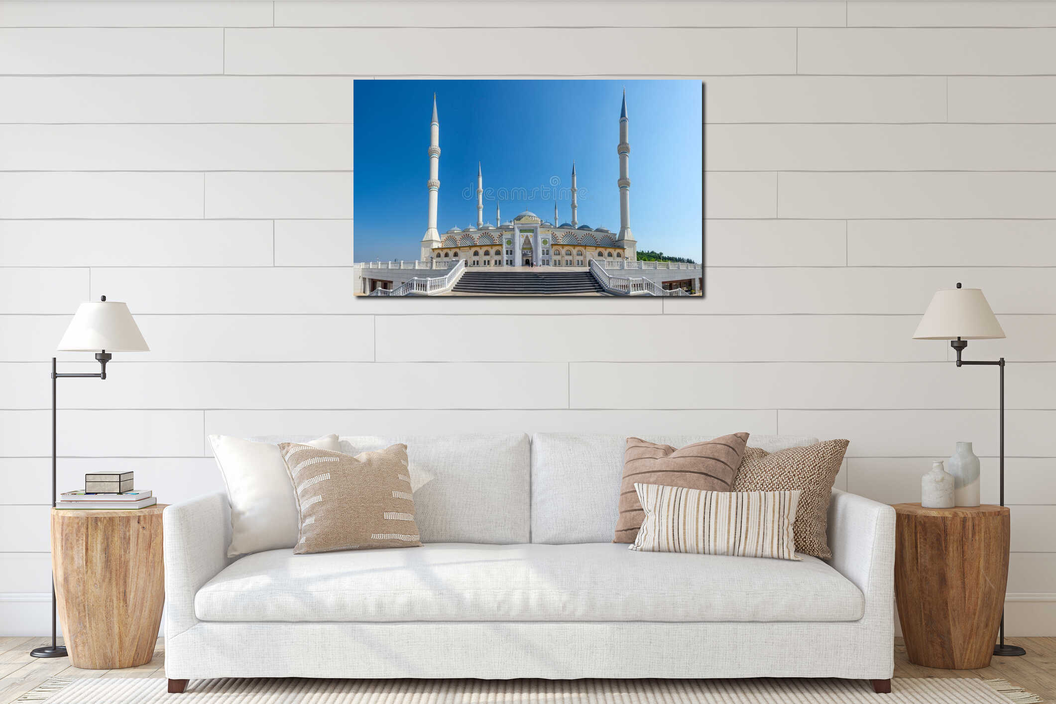Camlica Mosque of Istanbul front view of main entrance porch and staircase, Turkey. Panorama, panoramic view of the square interior mockup