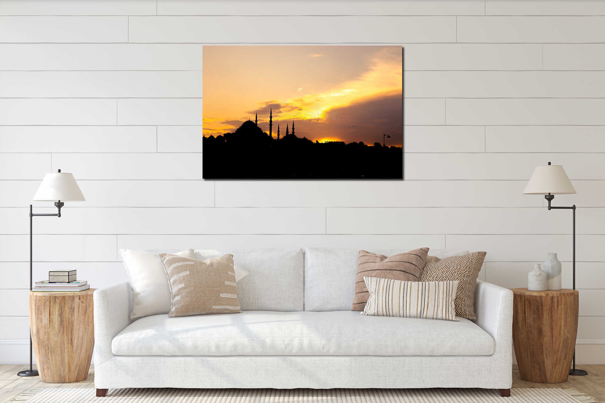 Silhouette of Suleymaniye Mosque at sunset. Visit Istanbul background photo interior mockup