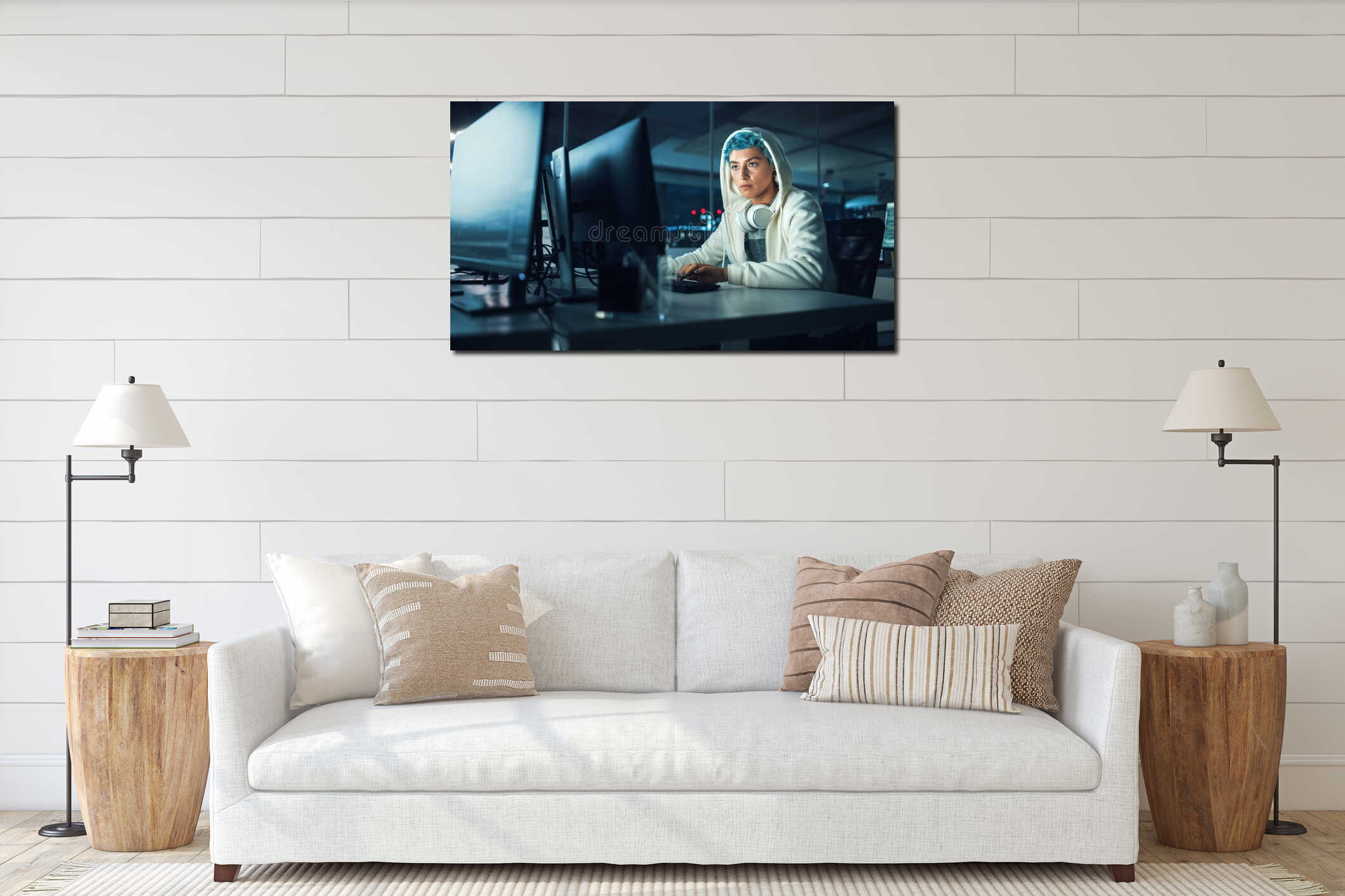 Late at Night in Office: Portrait of Young Stylish Freelancer Woman Working on Desktop Computer. Non interior mockup