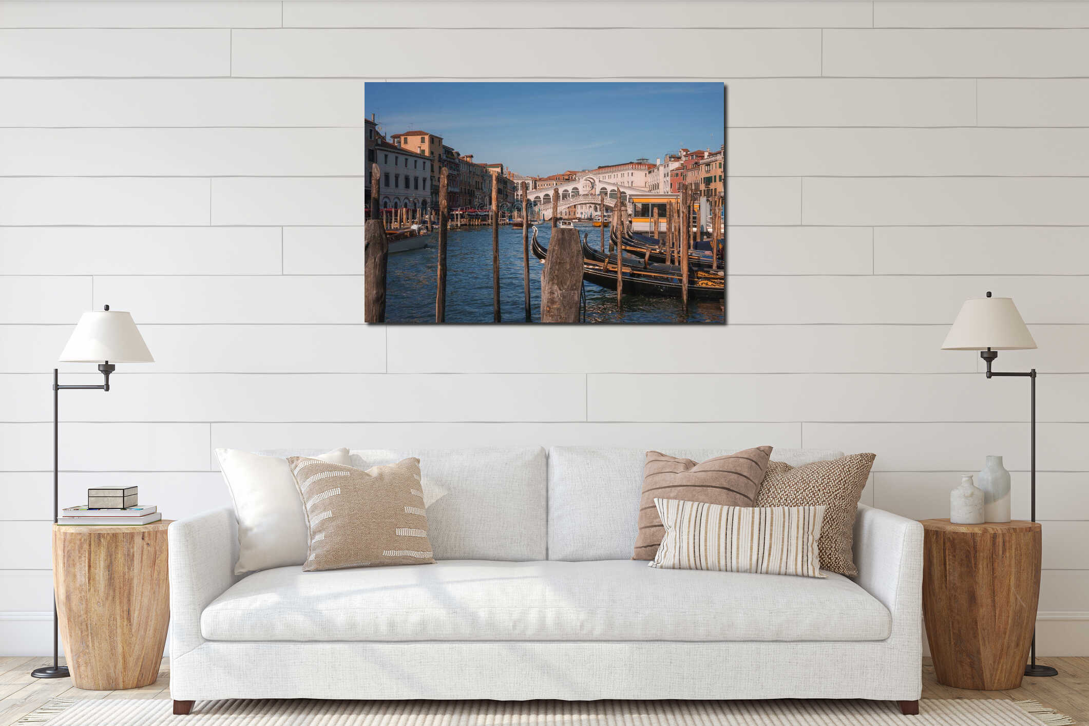 Scenic Grand Canal View with Moored Gondolas in Venice, Italy - Iconic Waterway Charm interior mockup