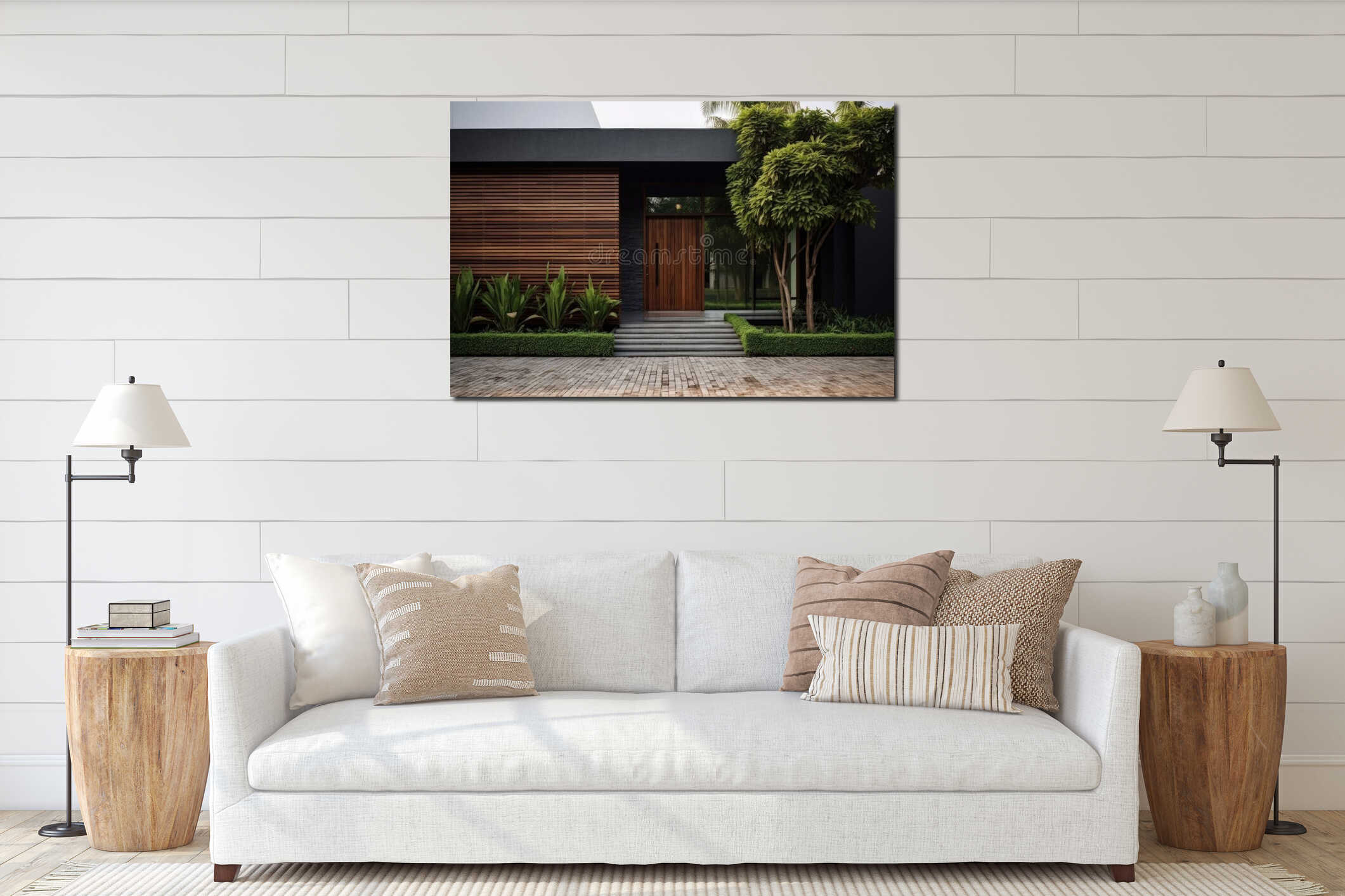 Contemporary exterior of home with dark ceramic tiles as siding of house and tall front door. Generative AI interior mockup