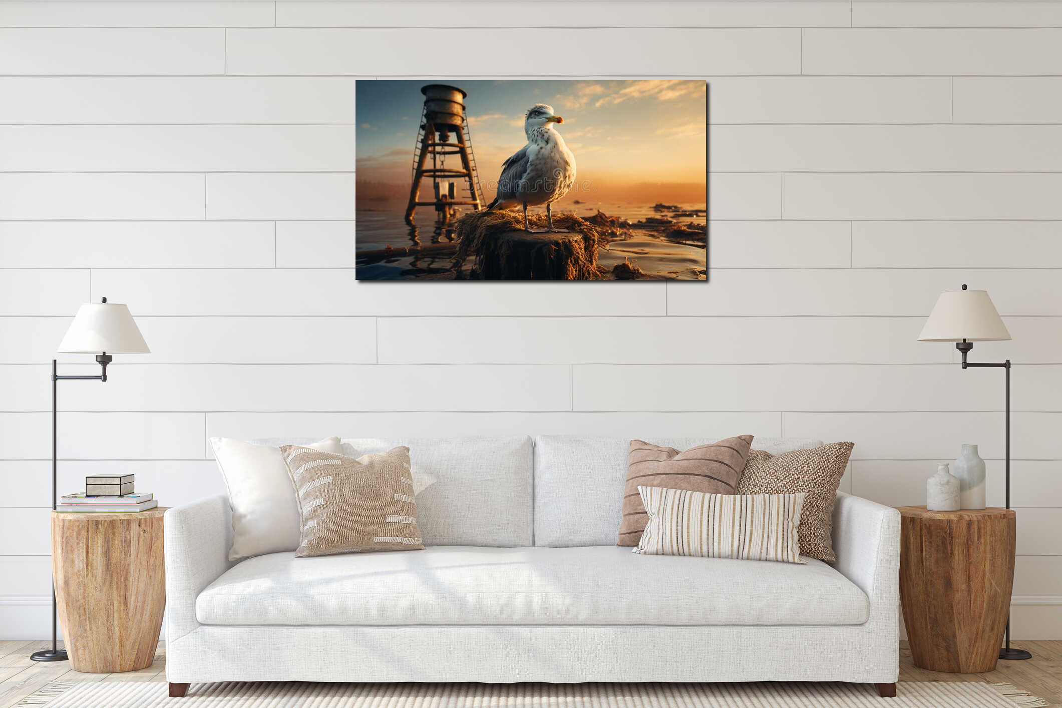 Seagull standing on jetty, watching sunset over tranquil waters generated by AI interior mockup