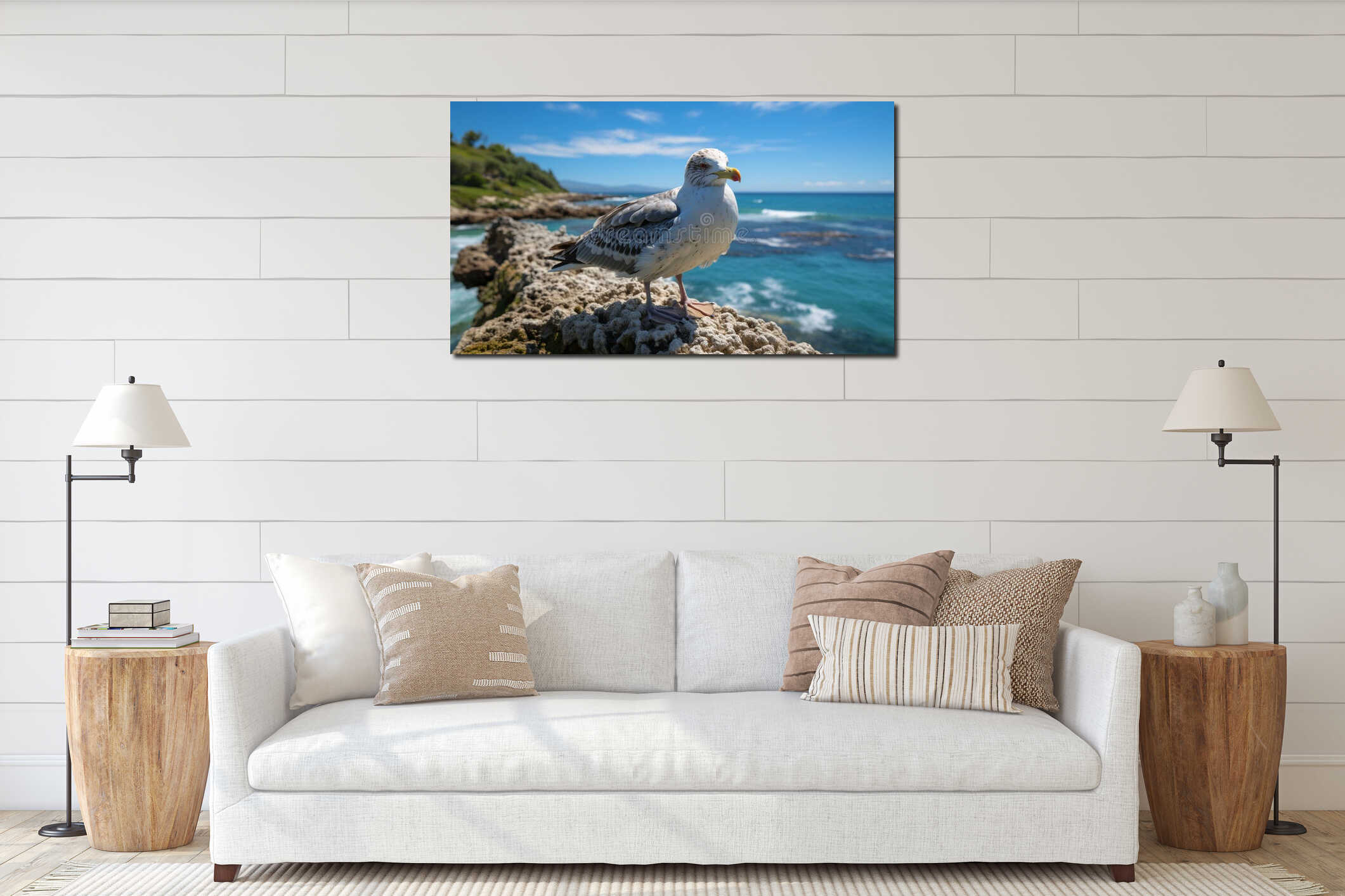 Seagull perching on rock, watching waves, enjoying freedom in nature generated by AI interior mockup