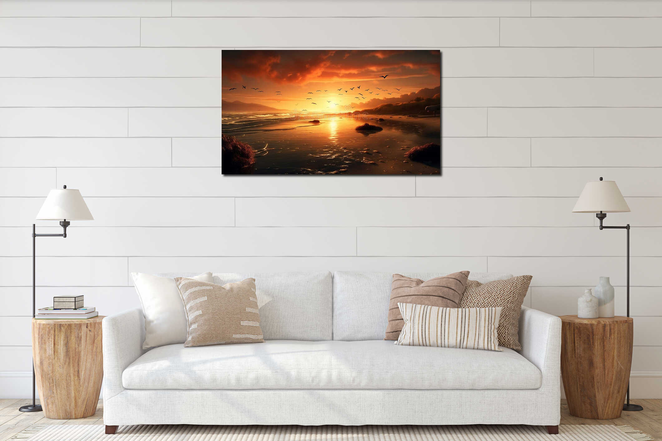 Sunset over the water, seagull flying, nature beauty in silhouette generated by AI interior mockup