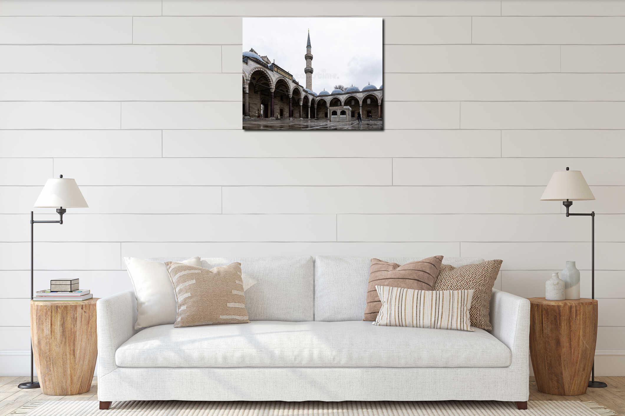 ISTANBUL, TURKEY - MARCH 23, 2023: tourists at Suleymaniye Mosque courtyard with beautiful view to minaret interior mockup