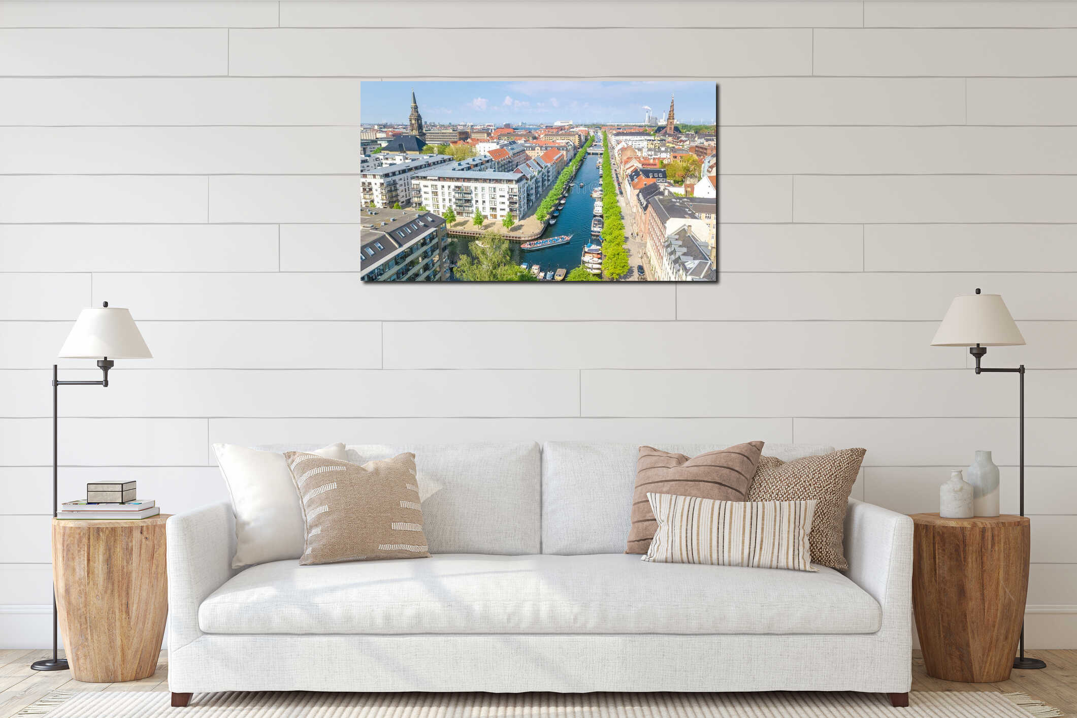 Copenhagen skyline aerial drone view from above, Nyhavn historical pier port and canal n the old town of Copenhagen, Denmark interior mockup