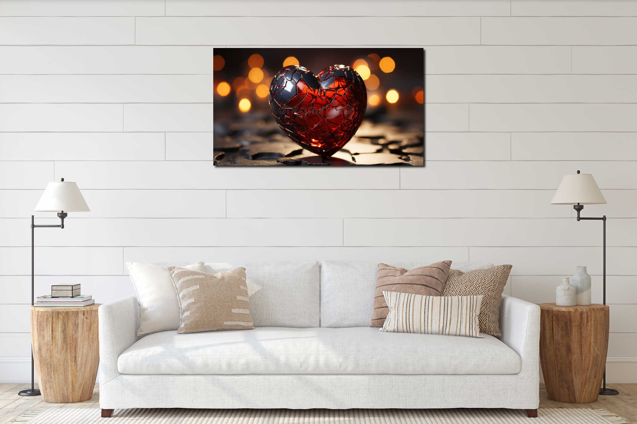 Red glass heart with soft lights. AI generation interior mockup