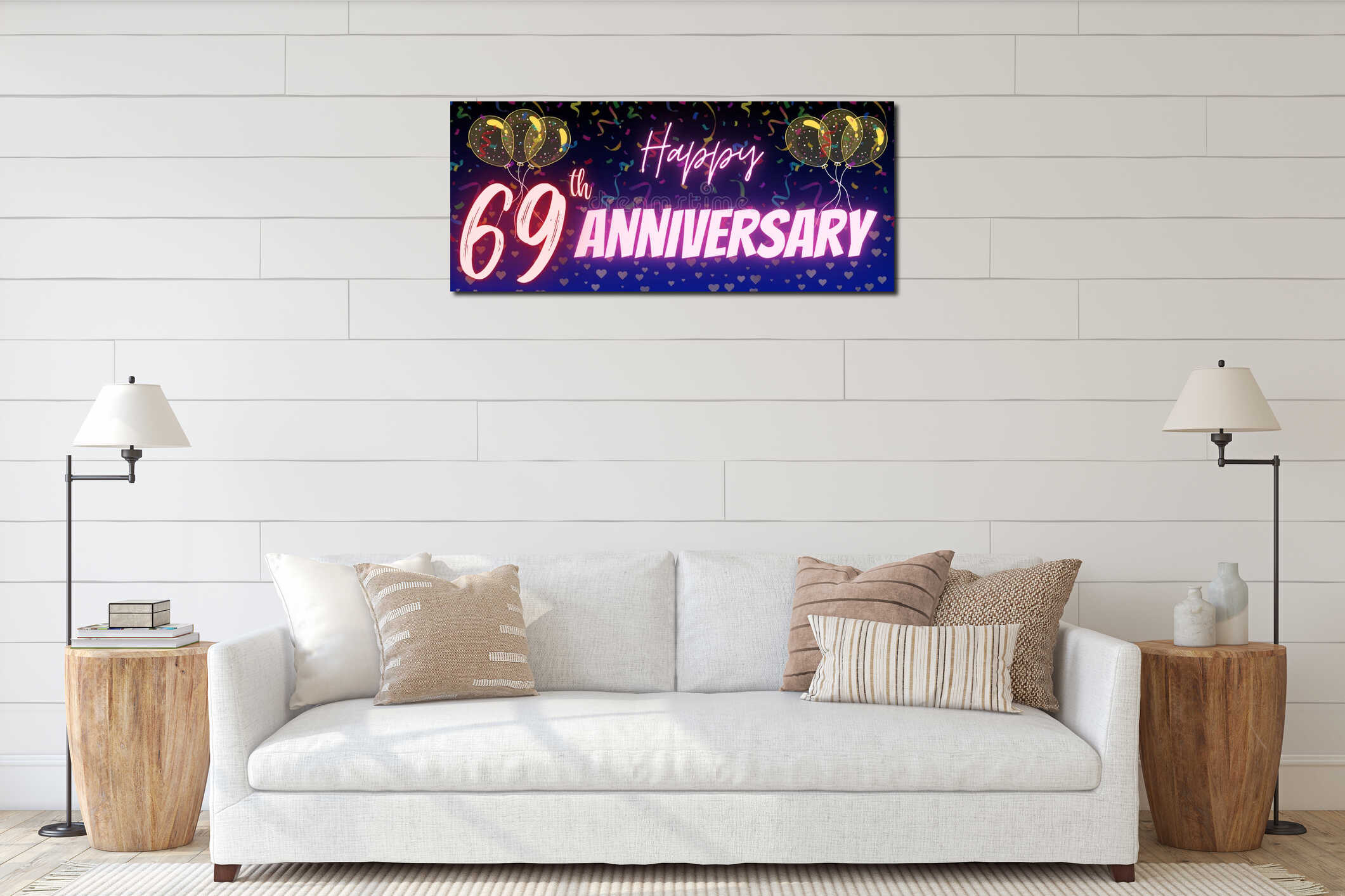 69th or sixty nine anniversary template. Shiny neon calligraphy text and number with Confetti, balloons and sparkle on elegant interior mockup