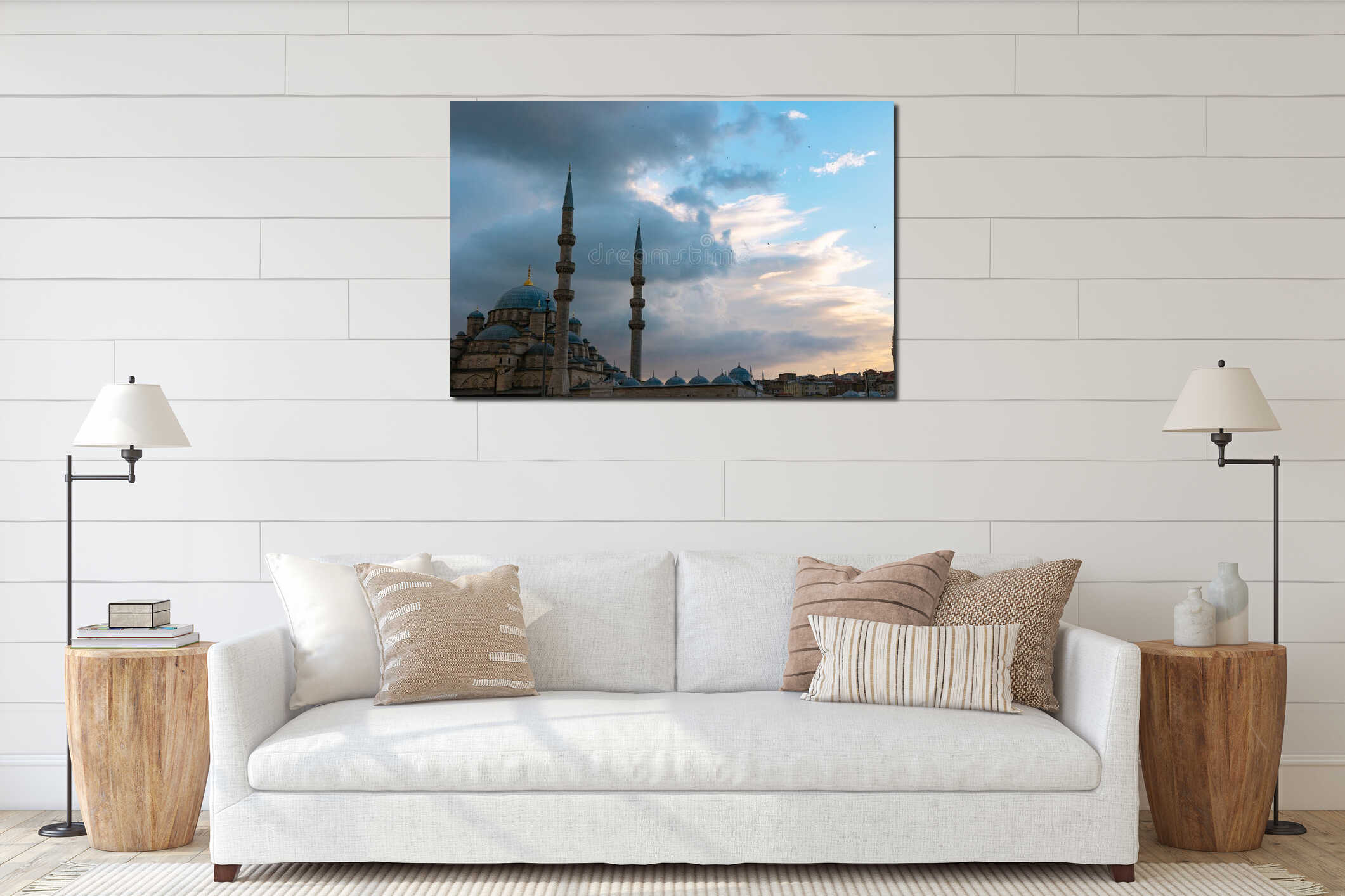 Islamic photo. Eminonu New Mosque or Yeni Cami with dramatic clouds at sunset interior mockup
