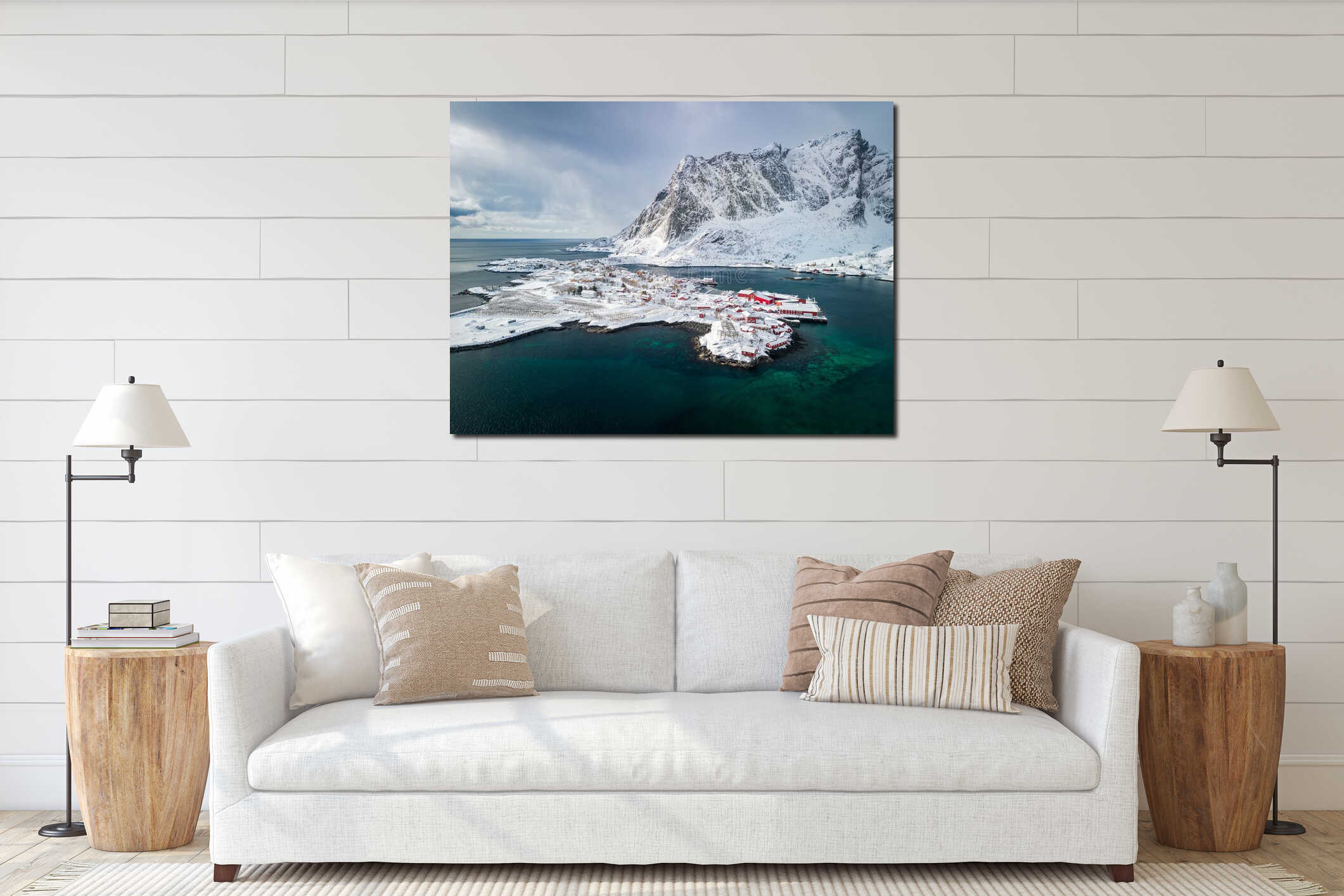 Aerial view of Reine, village at the very end of the Lofoten islands interior mockup