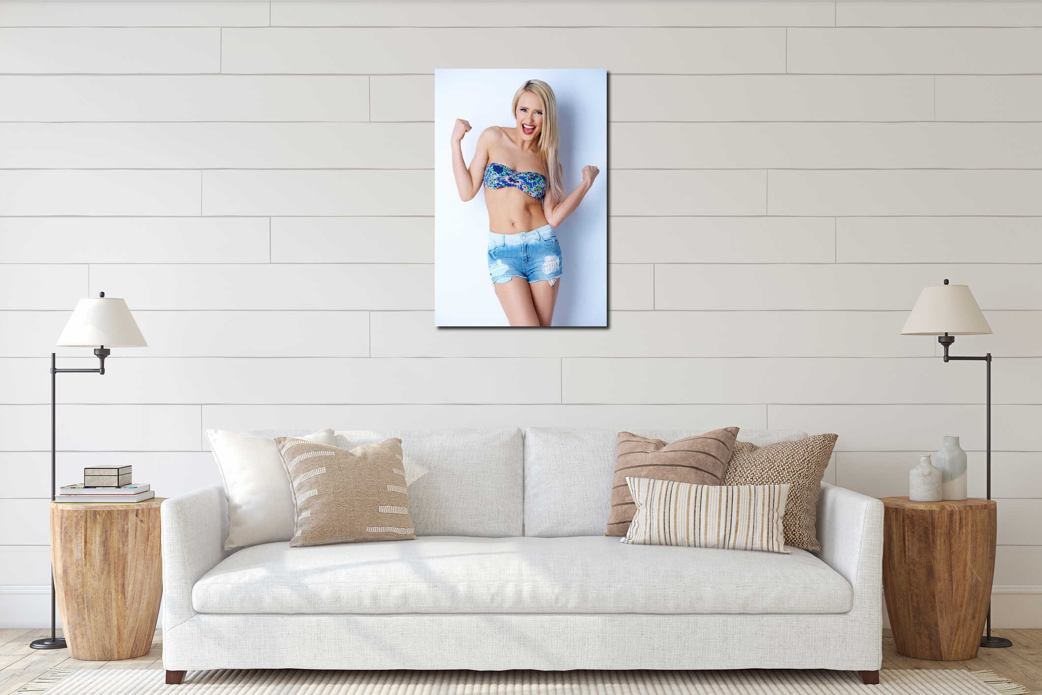 Happy blond girl in short jeans interior mockup