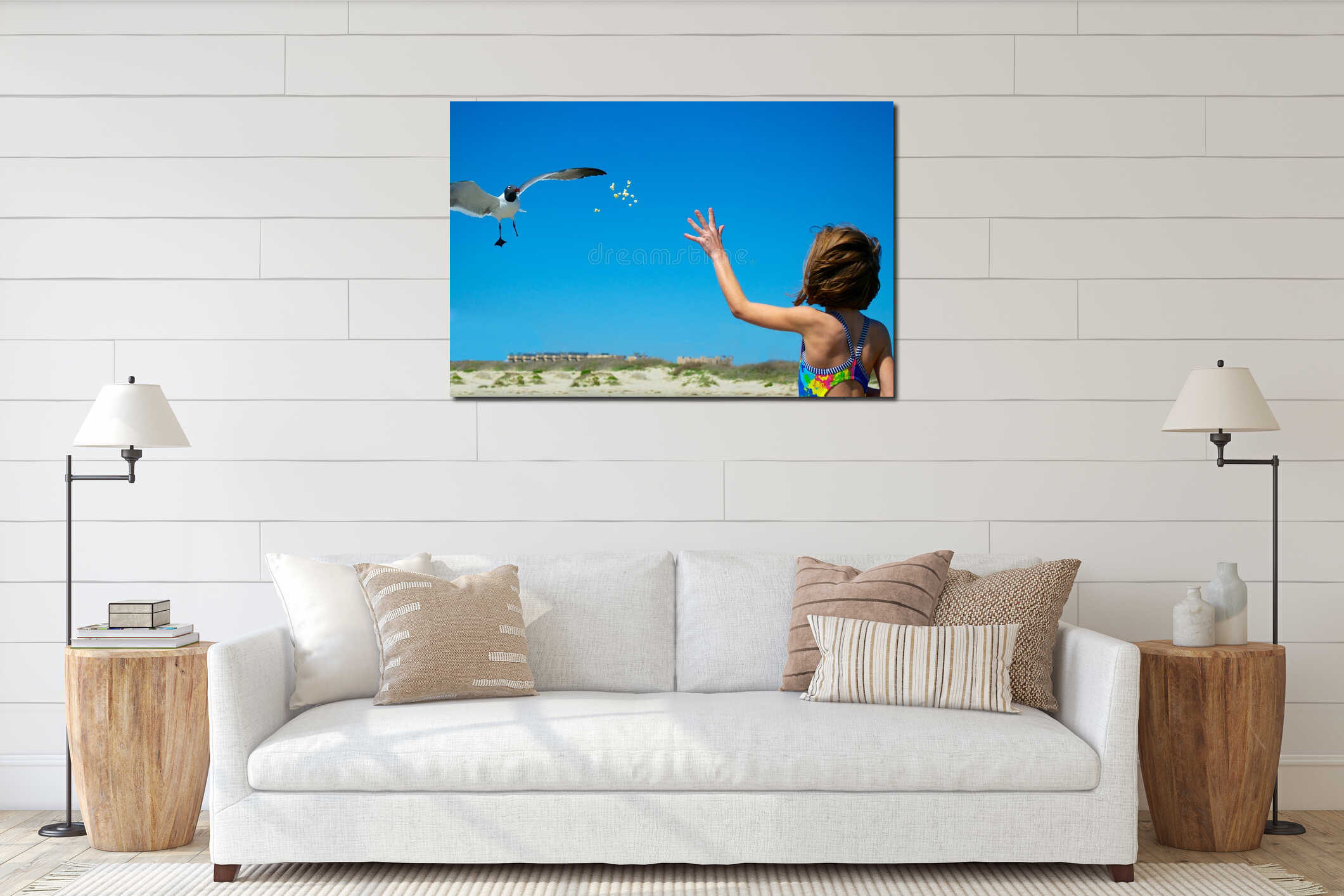 Young Girl Feeding a Seagull interior mockup