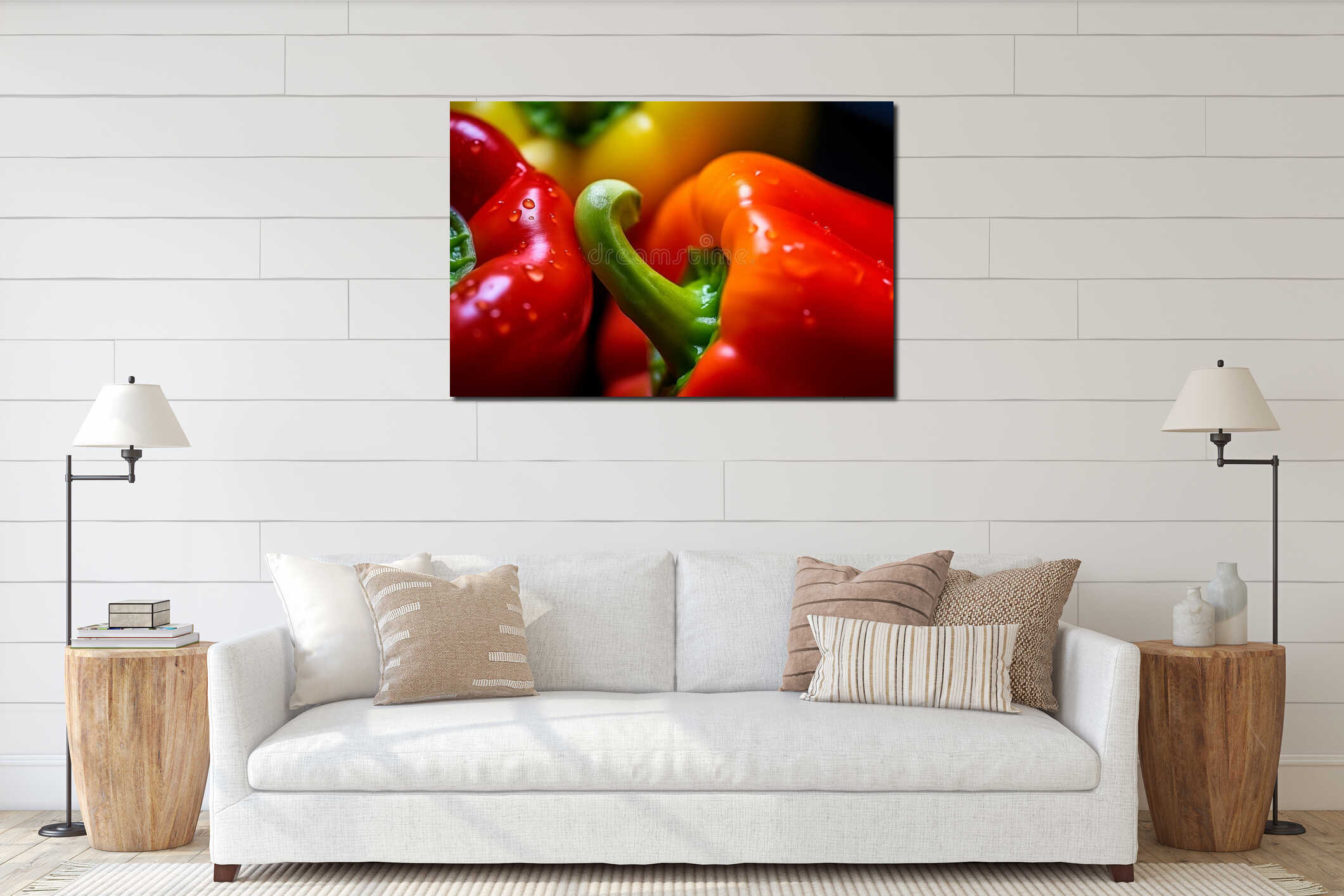 Group of peppers with droplets closeup. Generative AI interior mockup