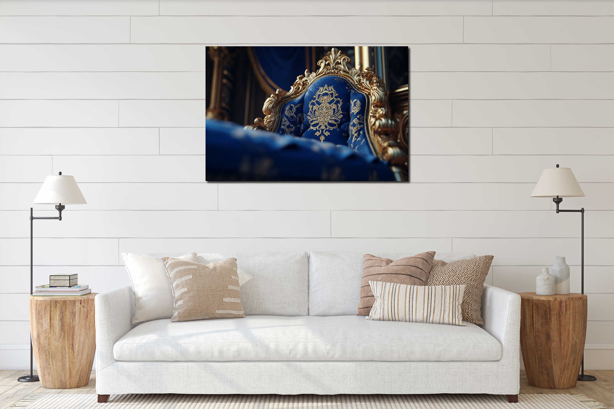 Intricate gold embroidery on a royal blue velvet t interior mockup