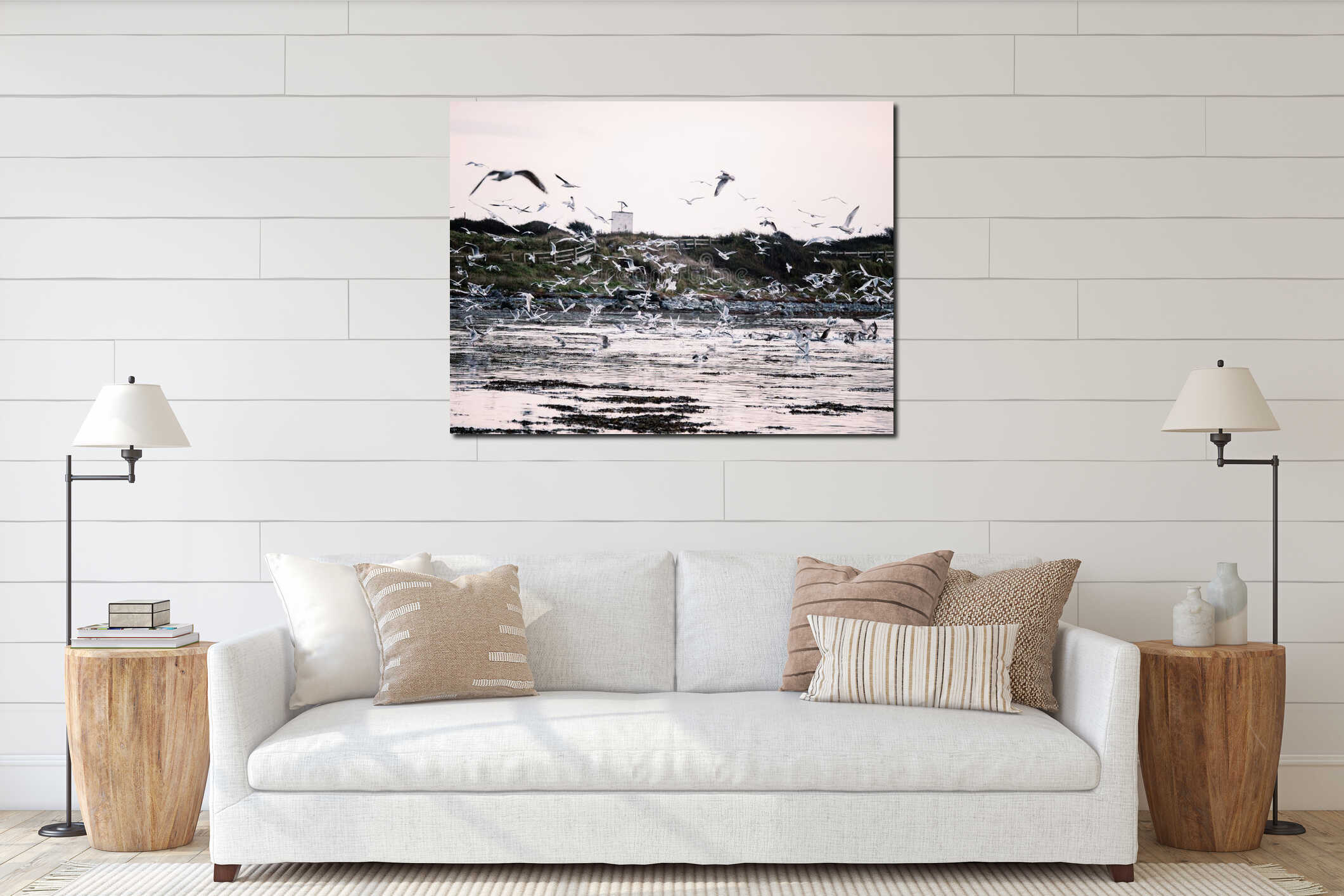 Huge flock of seagull flying low over the ocean looking for fresh mackerel fish pack over Galway bay, Ireland. Fishing concept. interior mockup