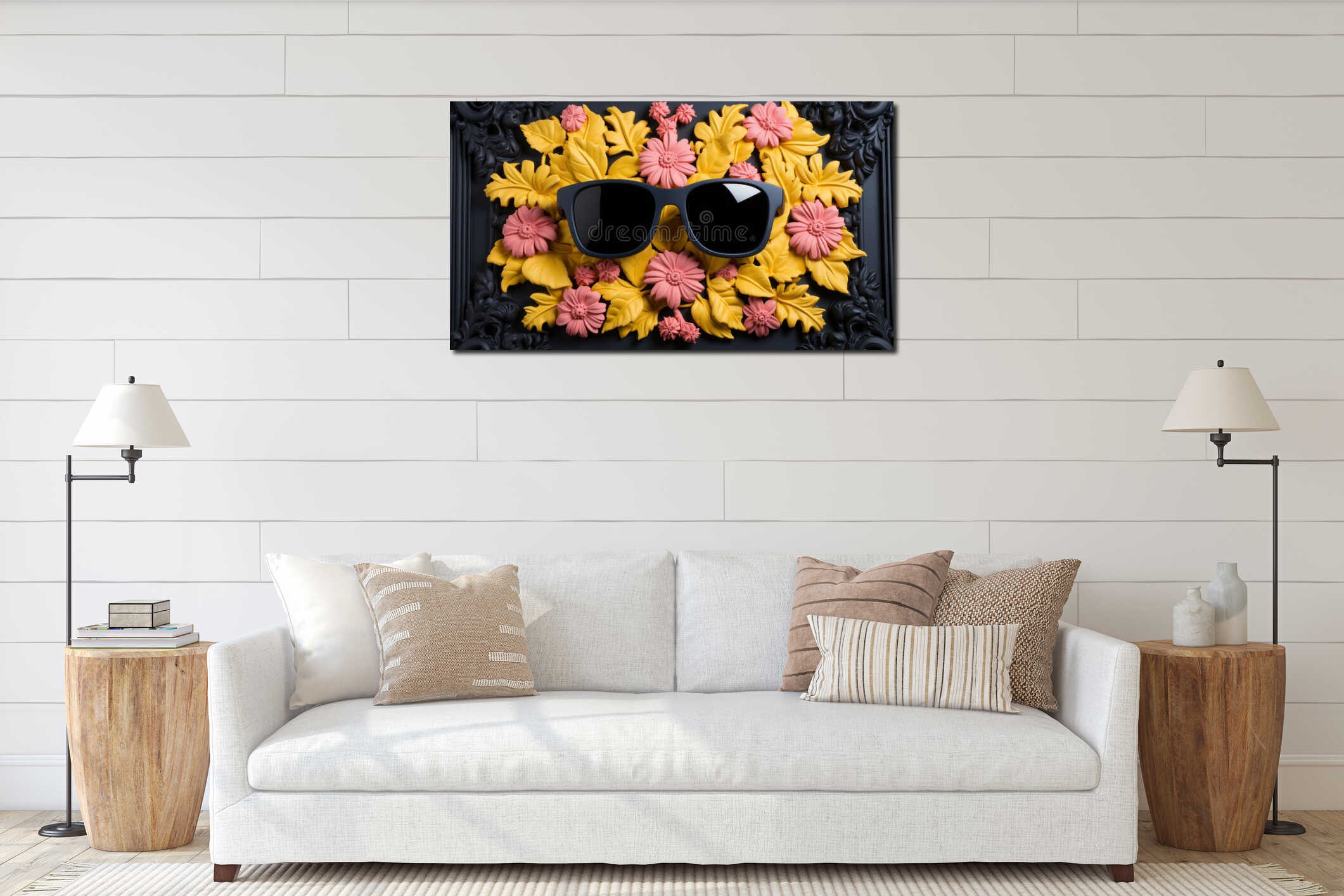 A pair of sunglasses sitting on top of flowers, AI interior mockup