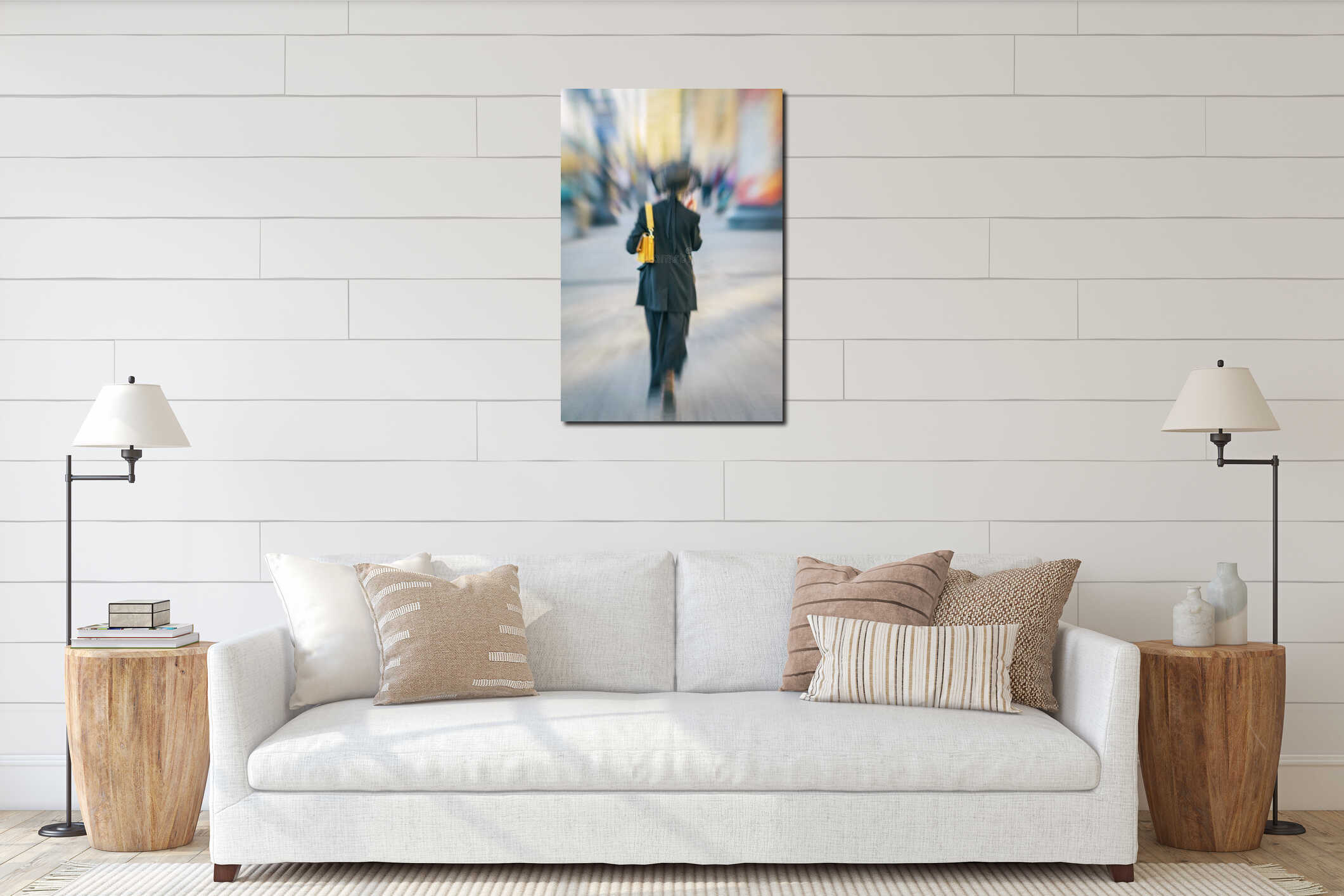 Abstract blurred background in motion of girl in black clothes and hat on city street, rear view. Selective soft focus interior mockup