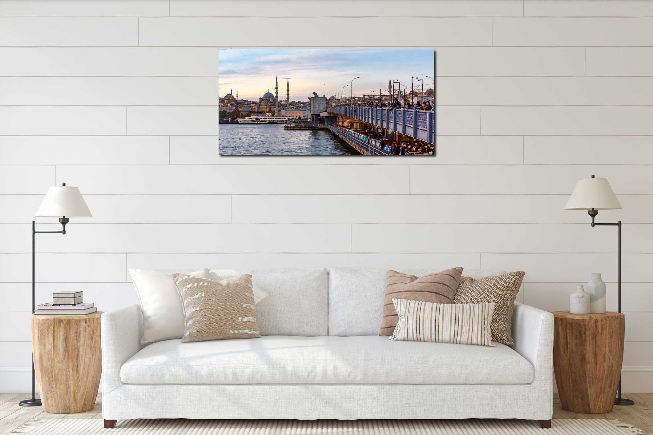 Galata Bridge and Yenicami Mosque (New Mosque) in Istanbul. Beautiful Istanbul bosphorus sunrise landscape. interior mockup
