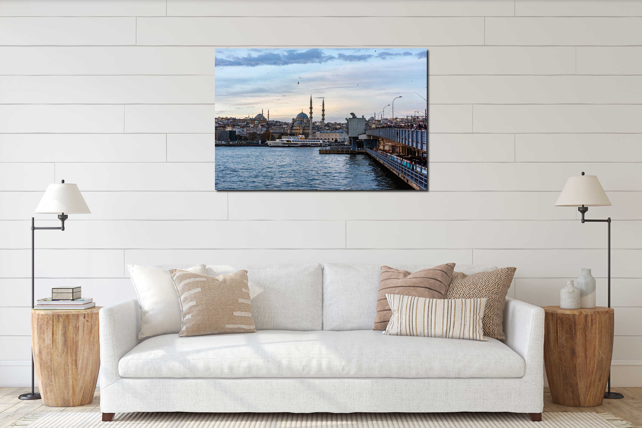Galata Bridge and Yenicami Mosque (New Mosque) in Istanbul. Beautiful Istanbul bosphorus sunrise landscape. interior mockup