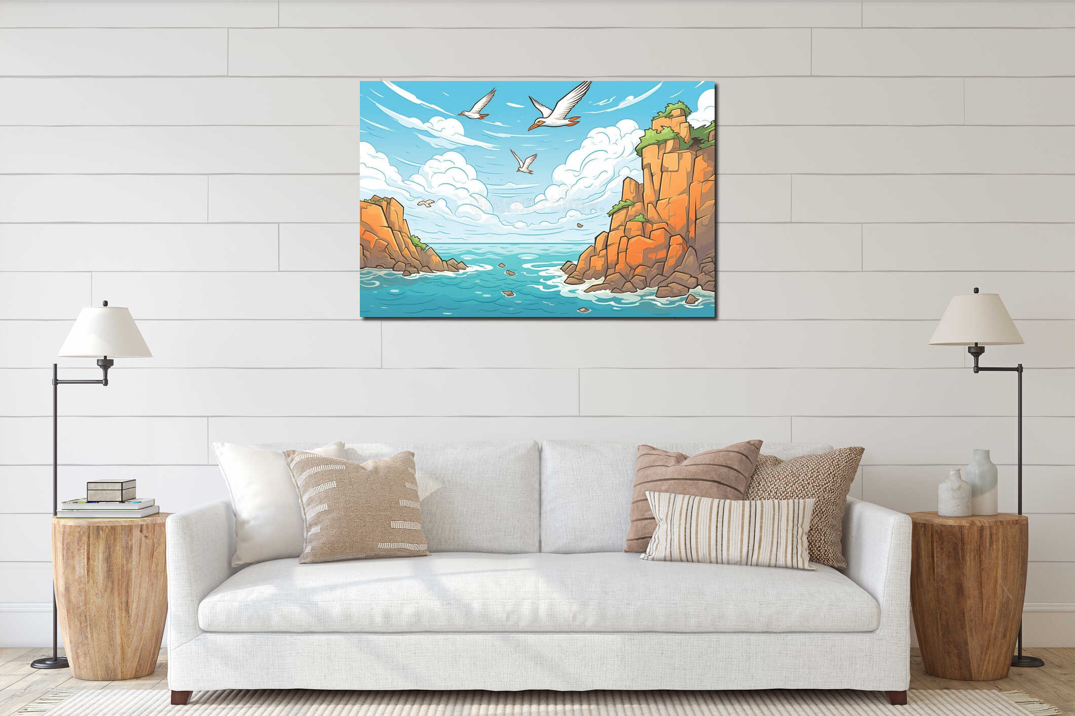 a seagull flying over jagged seaside cliffs interior mockup
