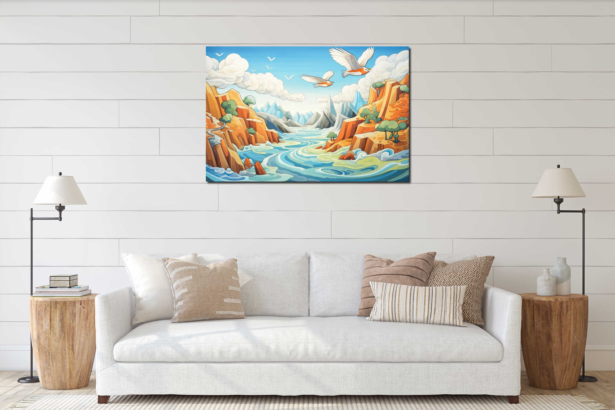 a seagull flying over jagged seaside cliffs interior mockup