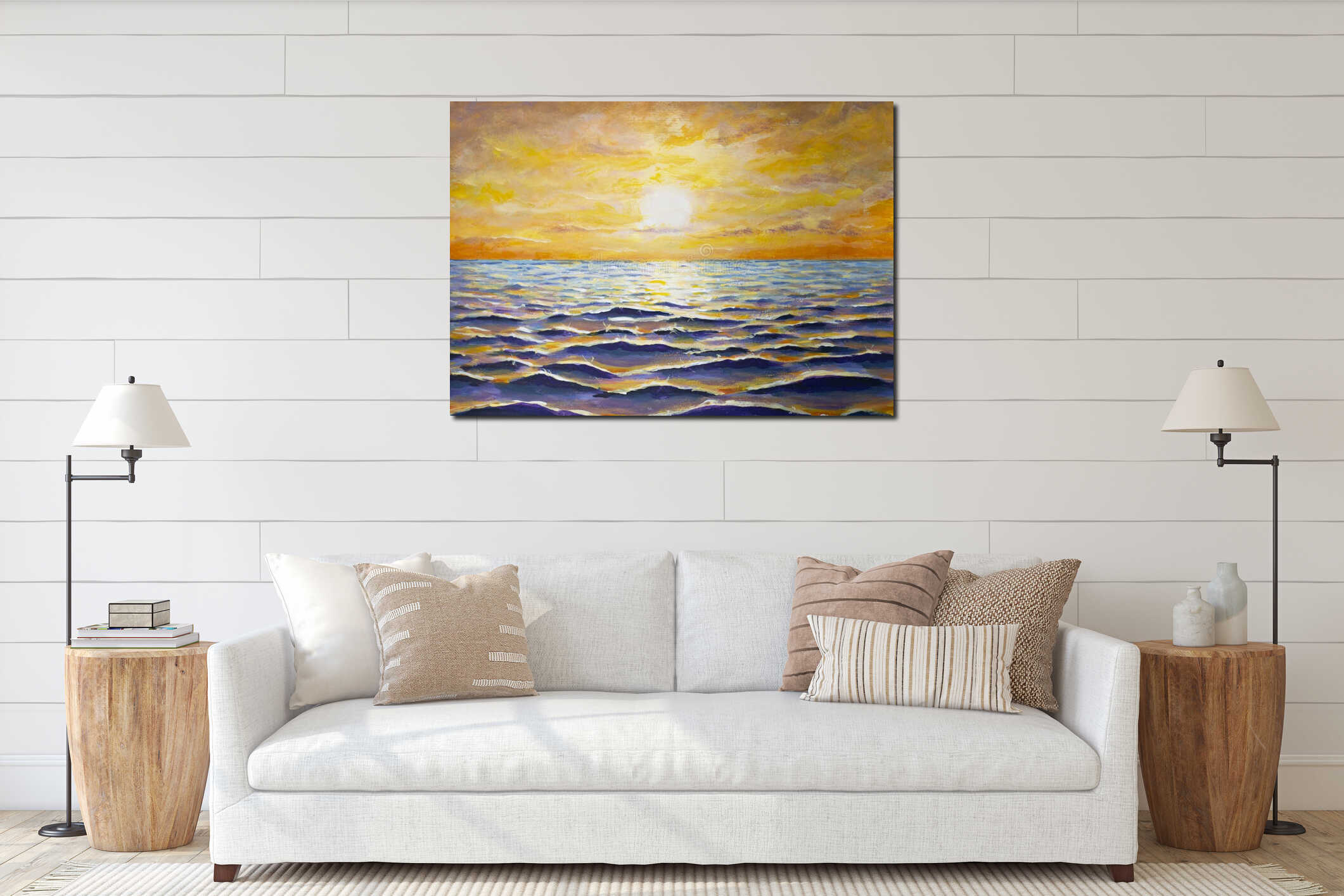 Warm golden seascape at sunrise sunset painting interior mockup
