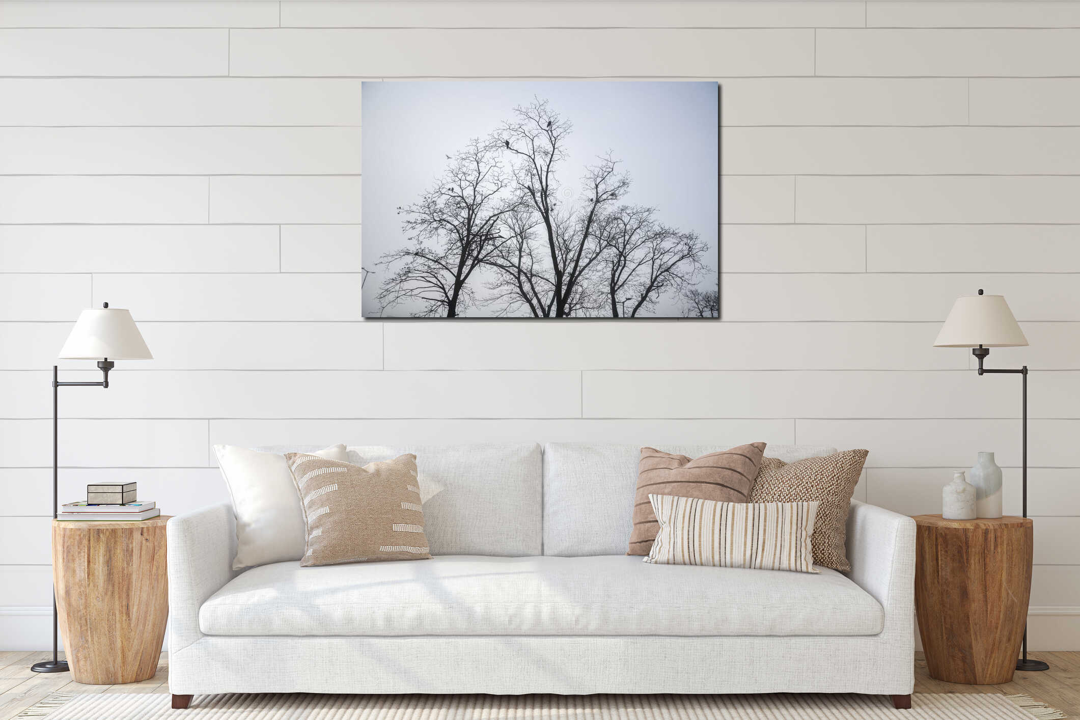 Dark tree silhouette with flock of crows sitting on the branch a winter day interior mockup