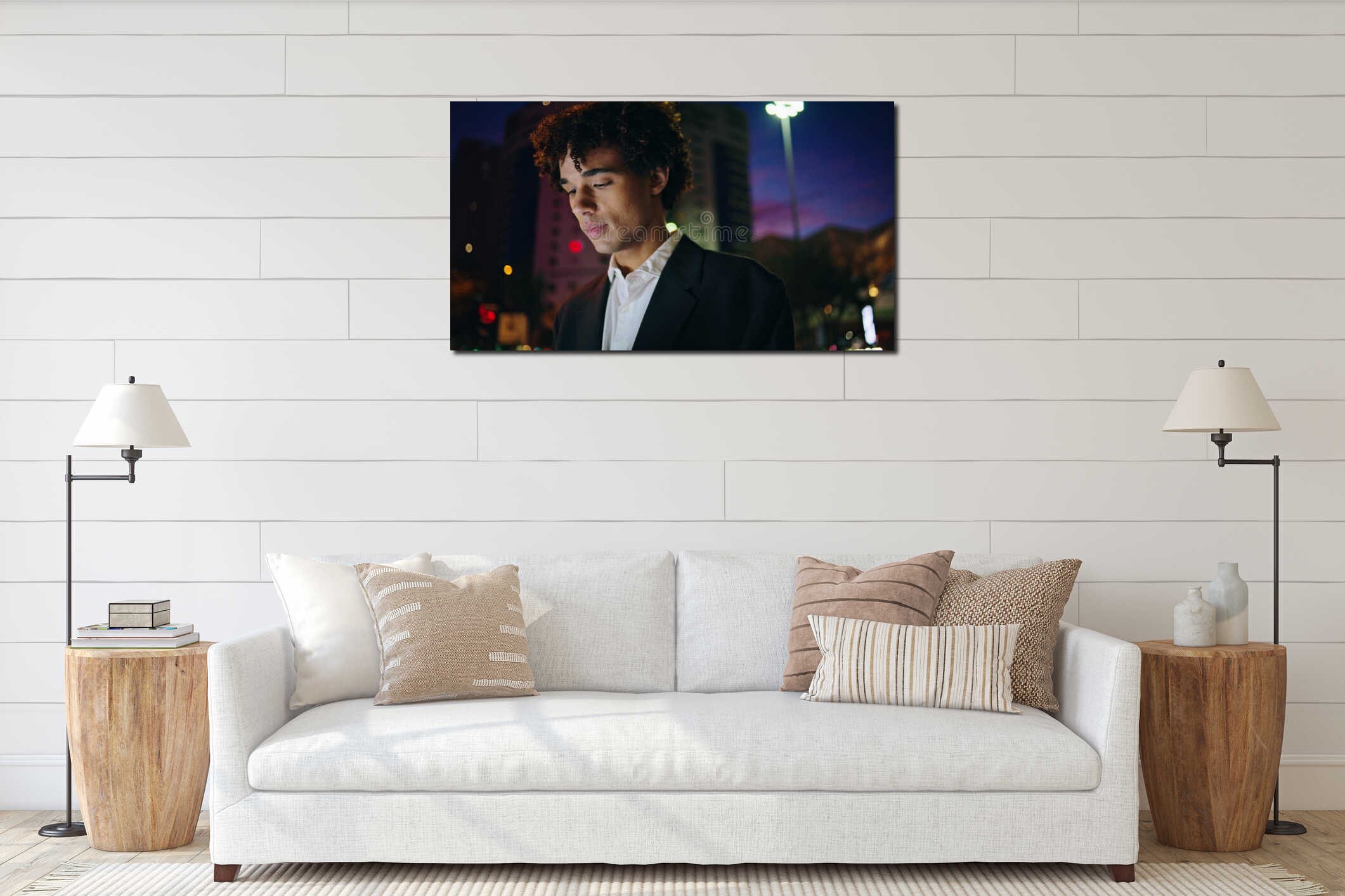 Happy businessman walking night city close up. Relaxed young man moving calmly interior mockup