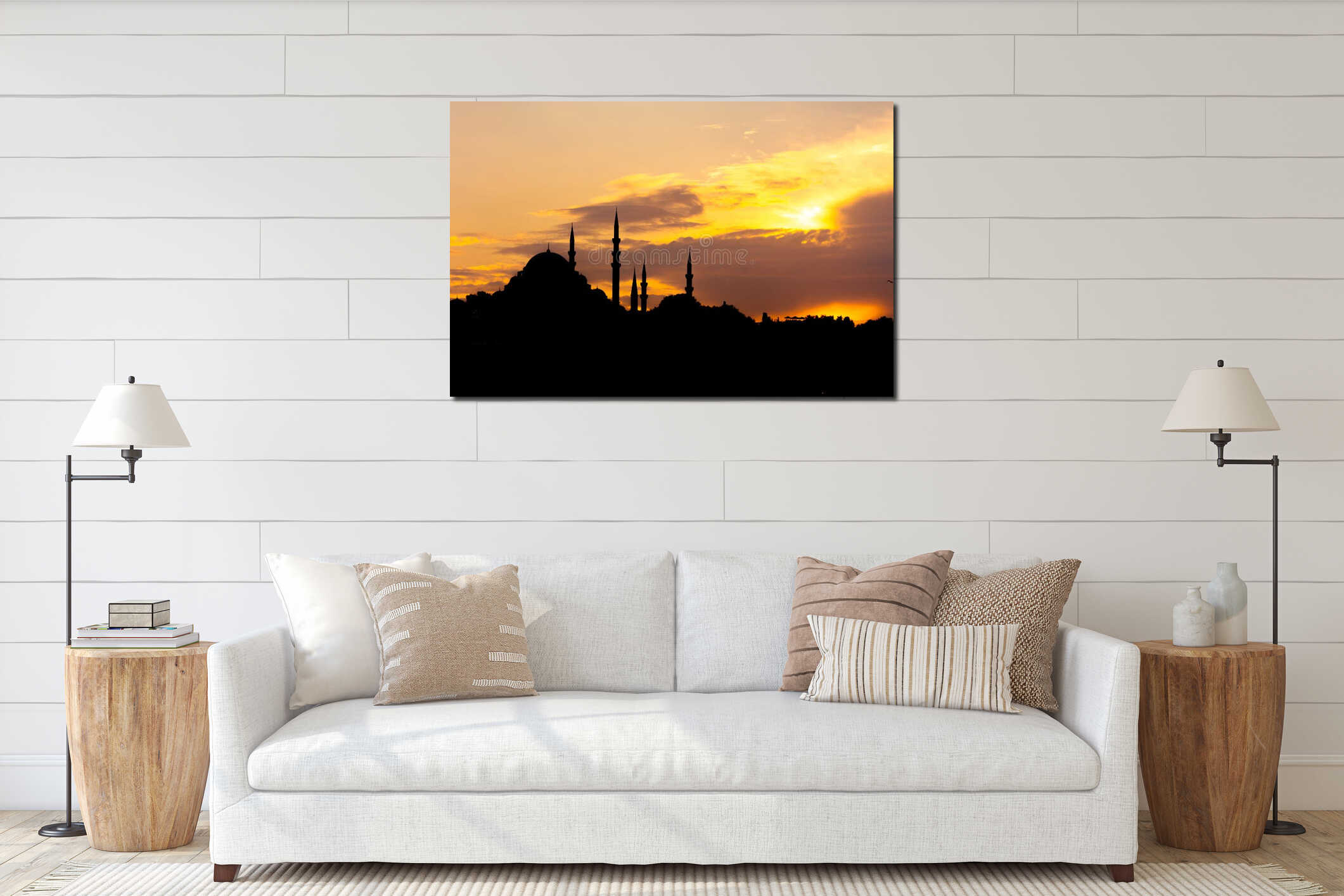 Islamic photo. Silhouette of Suleymaniye Mosque at sunset. interior mockup