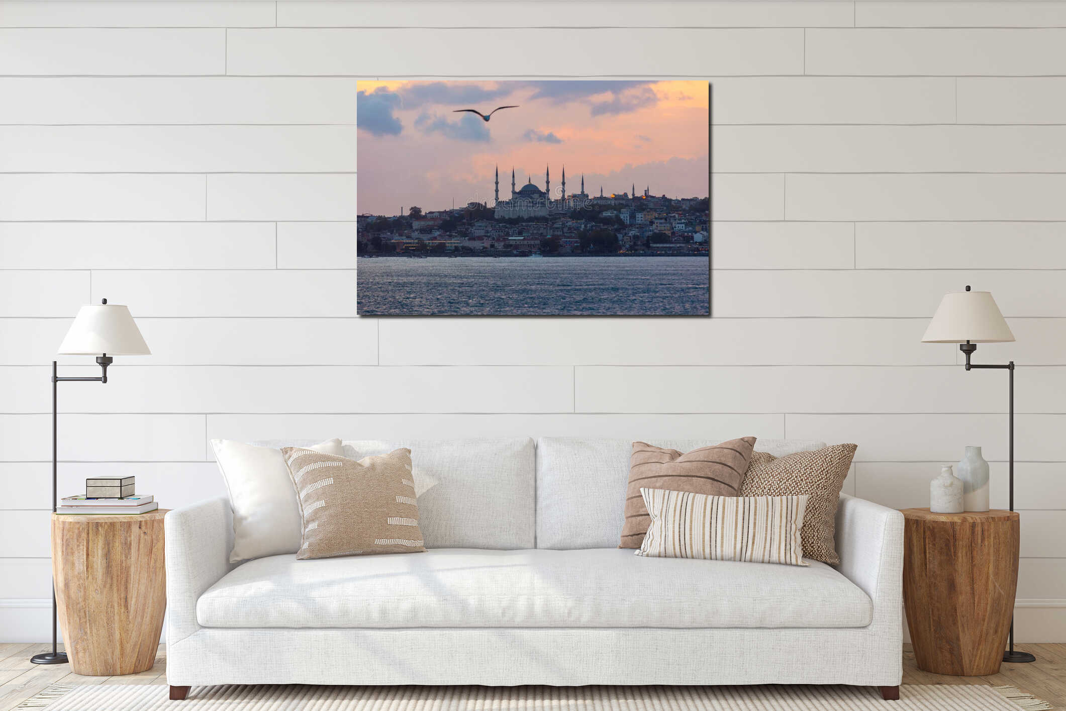 Istanbul view from a ferry at sunset. Blue Mosque and seagull interior mockup