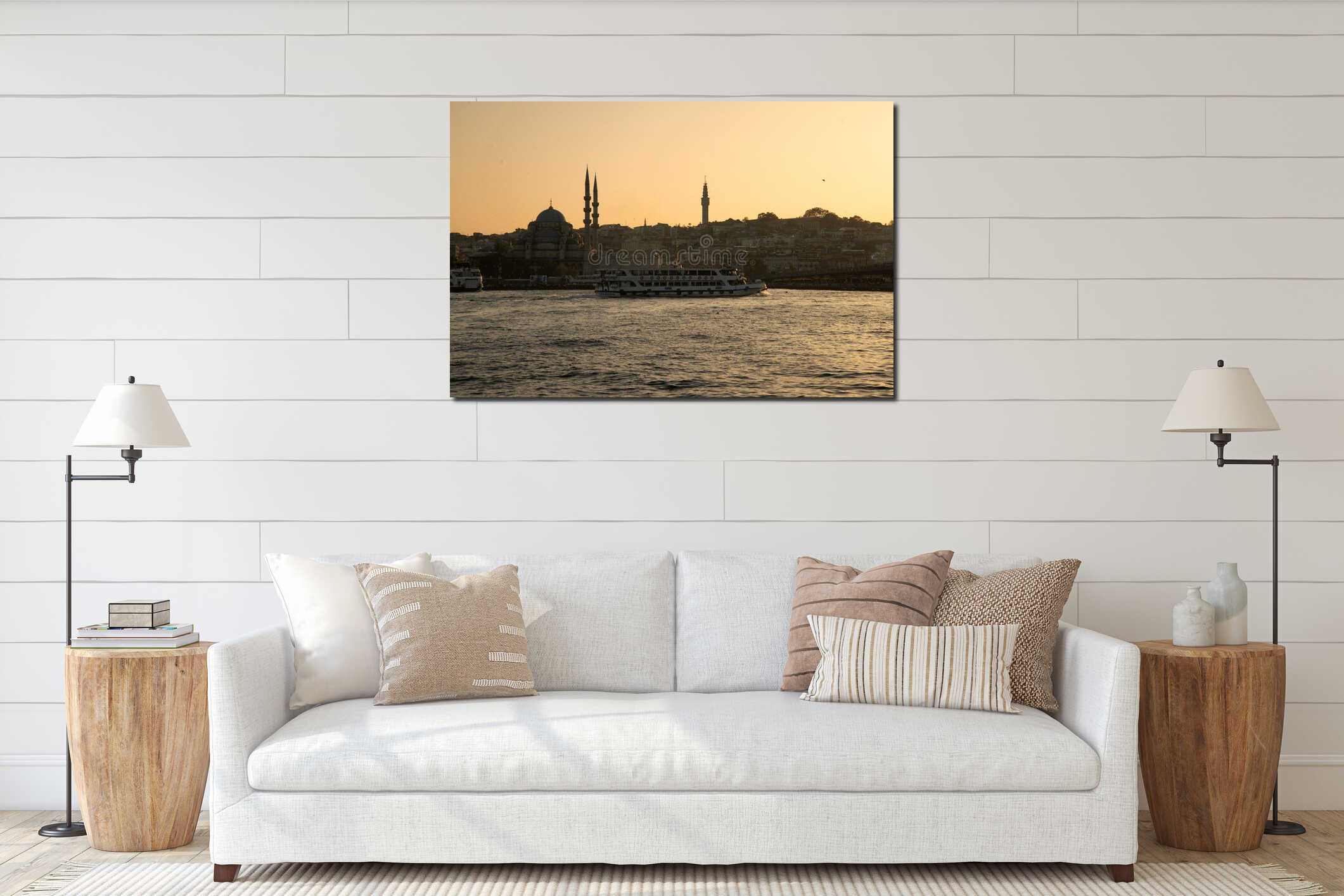 Istanbul, Turkey. The Golden Horn at sunset. Yeni Cami mosque silhouette. interior mockup
