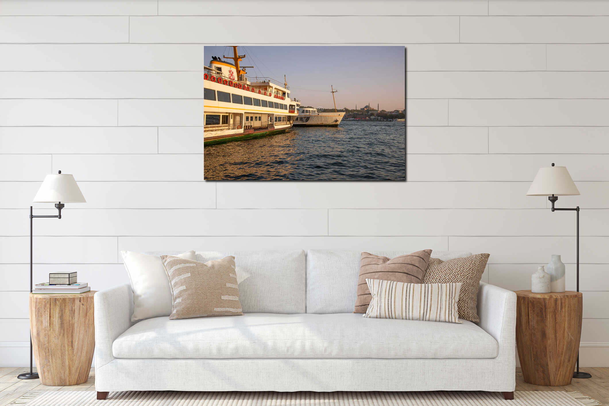 Ferry in Istanbul, Turkey. The Golden Horn at sunset. Yeni Cami mosque silhouette. interior mockup